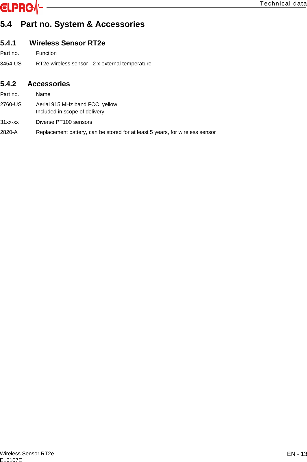EN - 13Wireless Sensor RT2eEL6107ETechnical dataITESENENFRITES5.4 Part no. System &amp; Accessories5.4.1  Wireless Sensor RT2e5.4.2 AccessoriesPart no. Function3454-US RT2e wireless sensor - 2 x external temperaturePart no. Name2760-US Aerial 915 MHz band FCC, yellowIncluded in scope of delivery31xx-xx Diverse PT100 sensors2820-A Replacement battery, can be stored for at least 5 years, for wireless sensor