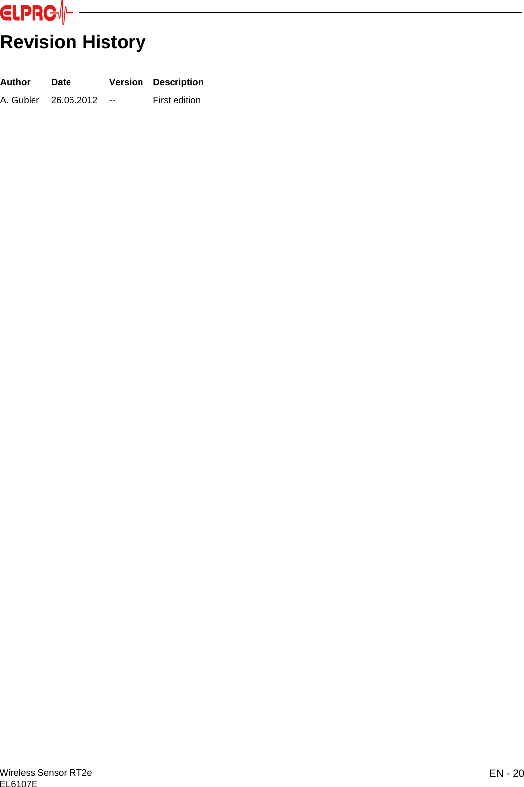 EN - 20Wireless Sensor RT2eEL6107EITESENENFRITESRevision HistoryAuthor Date Version DescriptionA. Gubler 26.06.2012 -- First edition