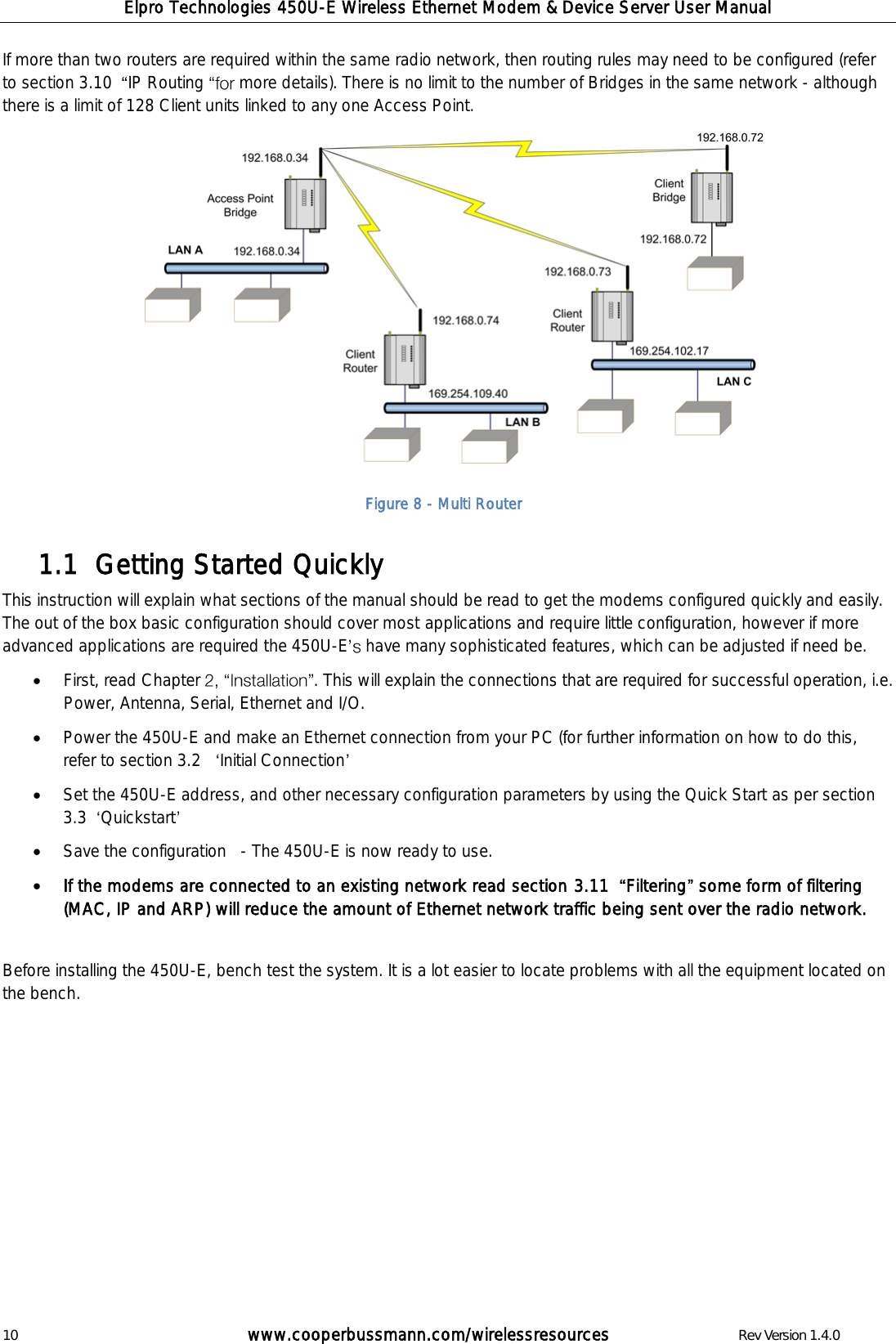 Elpro Technologies 450U-E Wireless Ethernet Modem &amp; Device Server User Manual 10        www.cooperbussmann.com/wirelessresources        Rev Version 1.4.0 If more than two routers are required within the same radio network, then routing rules may need to be configured (refer to section 3.10   IP Routing   more details). There is no limit to the number of Bridges in the same network - although there is a limit of 128 Client units linked to any one Access Point.                Getting Started Quickly 1.1  This instruction will explain what sections of the manual should be read to get the modems configured quickly and easily. The out of the box basic configuration should cover most applications and require little configuration, however if more advanced applications are required the 450U-E  have many sophisticated features, which can be adjusted if need be.  First, read Chapter  . This will explain the connections that are required for successful operation, i.e. Power, Antenna, Serial, Ethernet and I/O.  Power the 450U-E and make an Ethernet connection from your PC (for further information on how to do this, refer to section 3.2    Initial Connection   Set the 450U-E address, and other necessary configuration parameters by using the Quick Start as per section 3.3   Quickstart   Save the configuration   - The 450U-E is now ready to use.  If the modems are connected to an existing network read section 3.11   Filtering some form of filtering (MAC, IP and ARP) will reduce the amount of Ethernet network traffic being sent over the radio network.  Before installing the 450U-E, bench test the system. It is a lot easier to locate problems with all the equipment located on the bench.             Figure 8 - Multi Router 