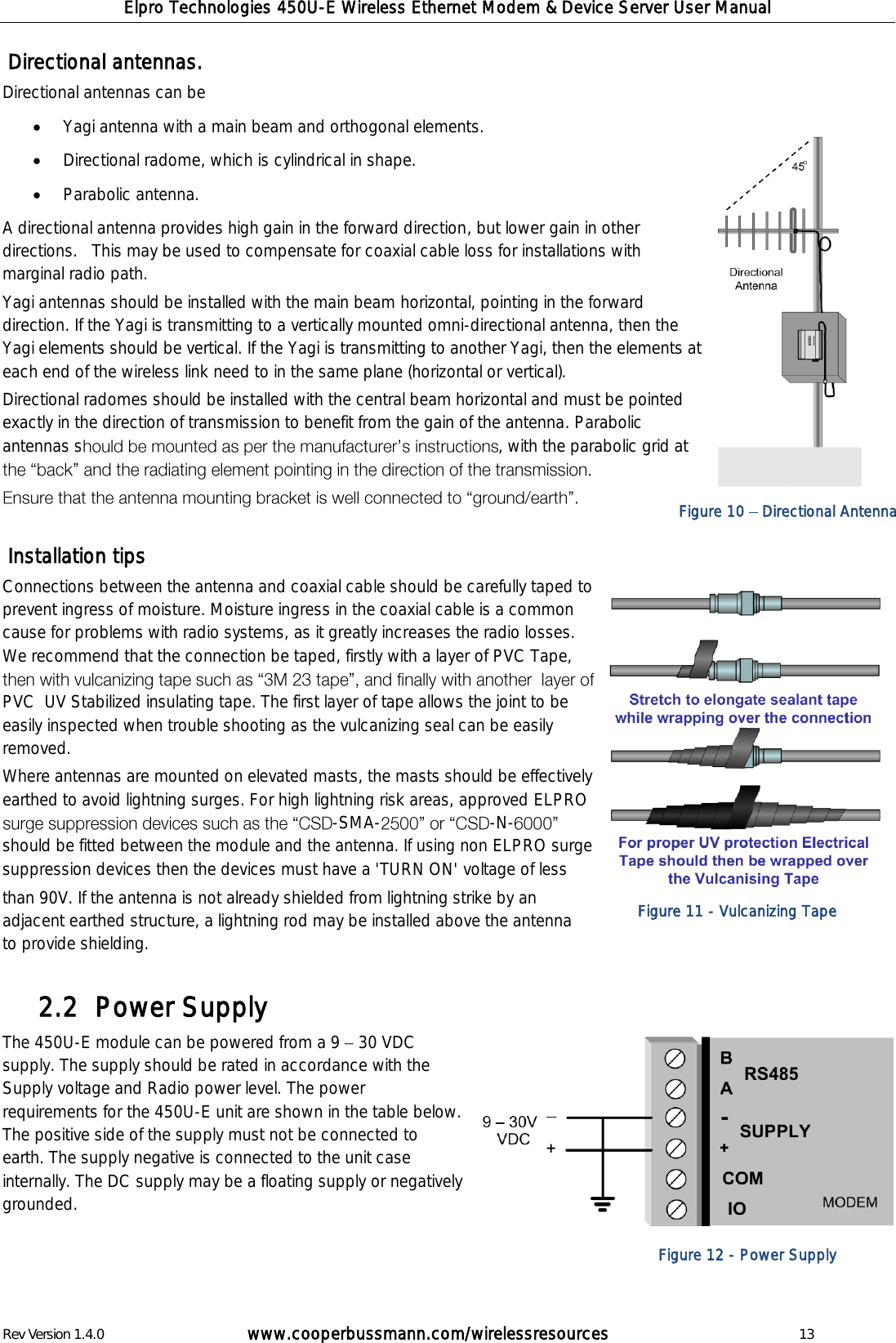 Elpro Technologies 450U-E Wireless Ethernet Modem &amp; Device Server User Manual Rev Version 1.4.0      www.cooperbussmann.com/wirelessresources          13  Directional antennas.   Directional antennas can be  Yagi antenna with a main beam and orthogonal elements.    Directional radome, which is cylindrical in shape.    Parabolic antenna. A directional antenna provides high gain in the forward direction, but lower gain in other directions.   This may be used to compensate for coaxial cable loss for installations with marginal radio path.   Yagi antennas should be installed with the main beam horizontal, pointing in the forward direction. If the Yagi is transmitting to a vertically mounted omni-directional antenna, then the Yagi elements should be vertical. If the Yagi is transmitting to another Yagi, then the elements at each end of the wireless link need to in the same plane (horizontal or vertical).  Directional radomes should be installed with the central beam horizontal and must be pointed exactly in the direction of transmission to benefit from the gain of the antenna. Parabolic antennas s , with the parabolic grid at     Installation tips Connections between the antenna and coaxial cable should be carefully taped to prevent ingress of moisture. Moisture ingress in the coaxial cable is a common cause for problems with radio systems, as it greatly increases the radio losses. We recommend that the connection be taped, firstly with a layer of PVC Tape, PVC  UV Stabilized insulating tape. The first layer of tape allows the joint to be easily inspected when trouble shooting as the vulcanizing seal can be easily removed. Where antennas are mounted on elevated masts, the masts should be effectively earthed to avoid lightning surges. For high lightning risk areas, approved ELPRO -SMA- -N-should be fitted between the module and the antenna. If using non ELPRO surge suppression devices then the devices must have a 'TURN ON' voltage of less than 90V. If the antenna is not already shielded from lightning strike by an adjacent earthed structure, a lightning rod may be installed above the antenna to provide shielding.  Power Supply 2.2  The 450U-E module can be powered from a 9   30 VDC supply. The supply should be rated in accordance with the Supply voltage and Radio power level. The power requirements for the 450U-E unit are shown in the table below. The positive side of the supply must not be connected to earth. The supply negative is connected to the unit case internally. The DC supply may be a floating supply or negatively grounded.     Figure 10   Directional Antenna Figure 12 - Power Supply Figure 11 - Vulcanizing Tape 