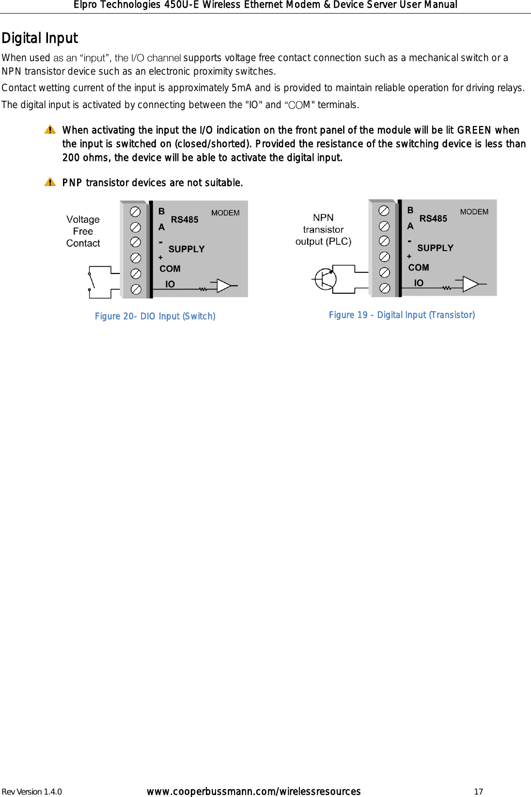 Elpro Technologies 450U-E Wireless Ethernet Modem &amp; Device Server User Manual Rev Version 1.4.0      www.cooperbussmann.com/wirelessresources          17 Digital Input When used  supports voltage free contact connection such as a mechanical switch or a NPN transistor device such as an electronic proximity switches.  Contact wetting current of the input is approximately 5mA and is provided to maintain reliable operation for driving relays.  The digital input is activated by connecting between the "IO" and  M" terminals.   When activating the input the I/O indication on the front panel of the module will be lit GREEN when the input is switched on (closed/shorted). Provided the resistance of the switching device is less than 200 ohms, the device will be able to activate the digital input.  PNP transistor devices are not suitable.        Figure 20- DIO Input (Switch) Figure 19 - Digital Input (Transistor) 