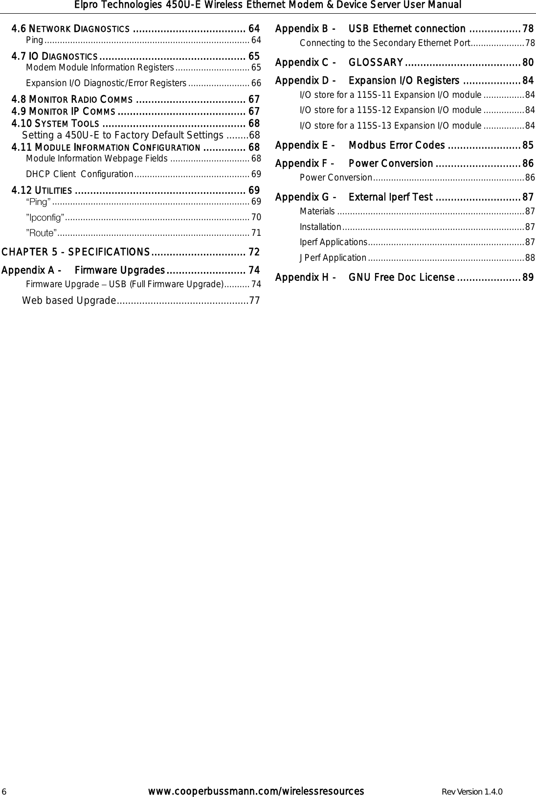 Elpro Technologies 450U-E Wireless Ethernet Modem &amp; Device Server User Manual 6        www.cooperbussmann.com/wirelessresources        Rev Version 1.4.0  NETWORK DIAGNOSTICS ..................................... 64 4.6Ping ................................................................................ 64  IO DIAGNOSTICS ................................................ 65 4.7Modem Module Information Registers ............................. 65 Expansion I/O Diagnostic/Error Registers ........................ 66  MONITOR RADIO COMMS .................................... 67 4.8 MONITOR IP COMMS .......................................... 67 4.9 SYSTEM TOOLS ............................................... 68 4.10Setting a 450U-E to Factory Default Settings ........ 68  MODULE INFORMATION CONFIGURATION .............. 68 4.11Module Information Webpage Fields ............................... 68 DHCP Client  Configuration ............................................. 69  UTILITIES ........................................................ 69 4.12  ............................................................................. 69  ........................................................................ 70  ........................................................................... 71 CHAPTER 5 - SPECIFICATIONS ............................... 72 Appendix A - Firmware Upgrades .......................... 74 Firmware Upgrade   USB (Full Firmware Upgrade) .......... 74 Web based Upgrade ............................................... 77 Appendix B - USB Ethernet connection ................. 78 Connecting to the Secondary Ethernet Port ..................... 78 Appendix C - GLOSSARY ...................................... 80 Appendix D - Expansion I/O Registers ................... 84 I/O store for a 115S-11 Expansion I/O module ................ 84 I/O store for a 115S-12 Expansion I/O module ................ 84 I/O store for a 115S-13 Expansion I/O module ................ 84 Appendix E - Modbus Error Codes ........................ 85 Appendix F - Power Conversion ............................ 86 Power Conversion ........................................................... 86 Appendix G - External Iperf Test ............................ 87 Materials ......................................................................... 87 Installation ....................................................................... 87 Iperf Applications ............................................................. 87 JPerf Application ............................................................. 88 Appendix H - GNU Free Doc License ..................... 89      