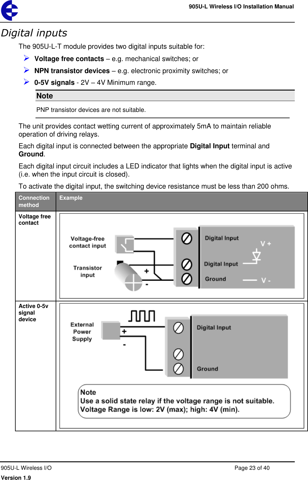     905U-L Wireless I/O Installation Manual  905U-L Wireless I/O  Page 23 of 40 Version 1.9 Digital inputs The 905U-L-T module provides two digital inputs suitable for:  Voltage free contacts &ndash; e.g. mechanical switches; or  NPN transistor devices &ndash; e.g. electronic proximity switches; or  0-5V signals - 2V &ndash; 4V Minimum range. Note PNP transistor devices are not suitable.  The unit provides contact wetting current of approximately 5mA to maintain reliable operation of driving relays.  Each digital input is connected between the appropriate Digital Input terminal and Ground. Each digital input circuit includes a LED indicator that lights when the digital input is active (i.e. when the input circuit is closed). To activate the digital input, the switching device resistance must be less than 200 ohms. Connection method Example Voltage free contact  Active 0-5v signal device   