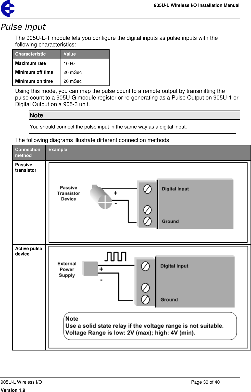     905U-L Wireless I/O Installation Manual  905U-L Wireless I/O  Page 30 of 40 Version 1.9 Pulse input The 905U-L-T module lets you configure the digital inputs as pulse inputs with the following characteristics: Characteristic Value Maximum rate 10 Hz Minimum off time 20 mSec Minimum on time 20 mSec Using this mode, you can map the pulse count to a remote output by transmitting the pulse count to a 905U-G module register or re-generating as a Pulse Output on 905U-1 or Digital Output on a 905-3 unit. Note You should connect the pulse input in the same way as a digital input. The following diagrams illustrate different connection methods: Connection method Example Passive transistor  Active pulse device   