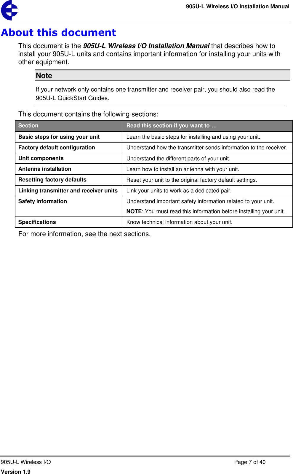     905U-L Wireless I/O Installation Manual  905U-L Wireless I/O  Page 7 of 40 Version 1.9 About this document This document is the 905U-L Wireless I/O Installation Manual that describes how to install your 905U-L units and contains important information for installing your units with other equipment. Note If your network only contains one transmitter and receiver pair, you should also read the 905U-L QuickStart Guides. This document contains the following sections: Section Read this section if you want to &hellip; Basic steps for using your unit Learn the basic steps for installing and using your unit. Factory default configuration Understand how the transmitter sends information to the receiver. Unit components Understand the different parts of your unit. Antenna installation Learn how to install an antenna with your unit. Resetting factory defaults Reset your unit to the original factory default settings. Linking transmitter and receiver units Link your units to work as a dedicated pair. Safety information Understand important safety information related to your unit. NOTE: You must read this information before installing your unit. Specifications Know technical information about your unit. For more information, see the next sections. 