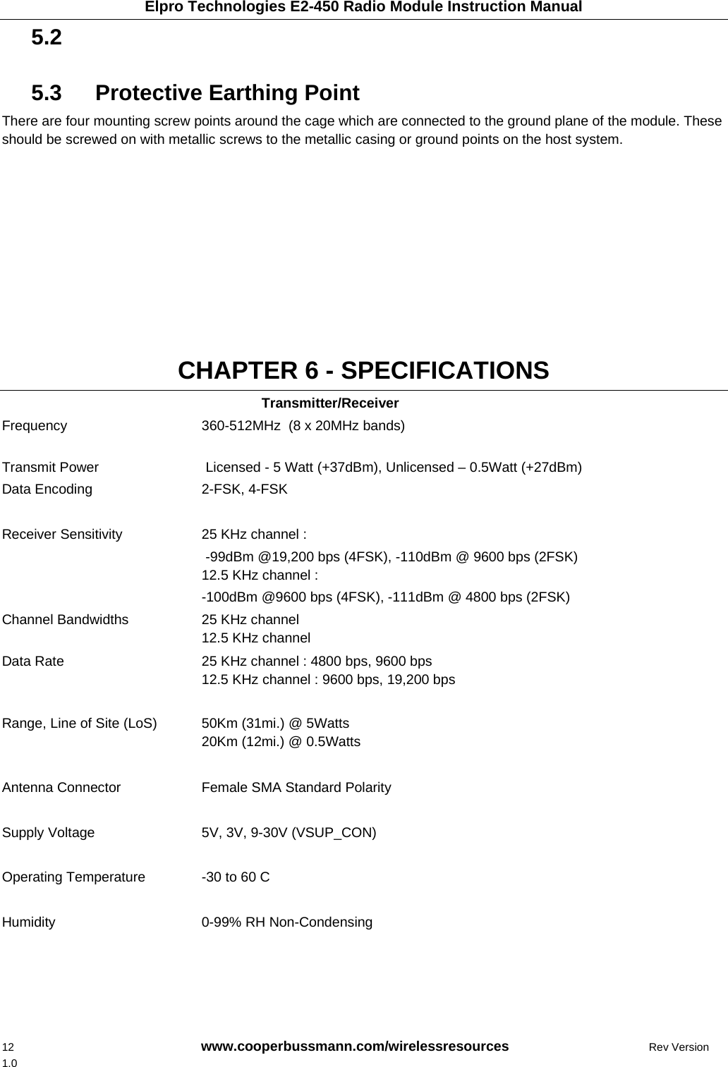 Elpro Technologies E2-450 Radio Module Instruction Manual 12    www.cooperbussmann.com/wirelessresources      Rev Version 1.0 5.2    5.3    Protective Earthing Point  There are four mounting screw points around the cage which are connected to the ground plane of the module. These should be screwed on with metallic screws to the metallic casing or ground points on the host system.           CHAPTER 6 - SPECIFICATIONS Transmitter/Receiver Frequency   360-512MHz  (8 x 20MHz bands) Transmit Power   Licensed - 5 Watt (+37dBm), Unlicensed &ndash; 0.5Watt (+27dBm) Data Encoding  2-FSK, 4-FSK   Receiver Sensitivity   25 KHz channel :  -99dBm @19,200 bps (4FSK), -110dBm @ 9600 bps (2FSK) 12.5 KHz channel :  -100dBm @9600 bps (4FSK), -111dBm @ 4800 bps (2FSK) Channel Bandwidths   25 KHz channel 12.5 KHz channel Data Rate   25 KHz channel : 4800 bps, 9600 bps 12.5 KHz channel : 9600 bps, 19,200 bps Range, Line of Site (LoS)  50Km (31mi.) @ 5Watts 20Km (12mi.) @ 0.5Watts    Antenna Connector   Female SMA Standard Polarity  Supply Voltage  5V, 3V, 9-30V (VSUP_CON)   Operating Temperature  -30 to 60 C   Humidity  0-99% RH Non-Condensing         