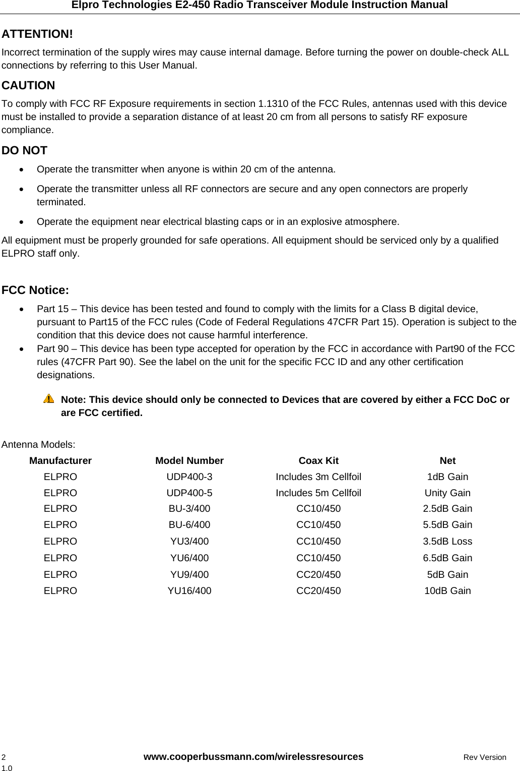 Elpro Technologies E2-450 Radio Transceiver Module Instruction Manual 2    www.cooperbussmann.com/wirelessresources      Rev Version 1.0 ATTENTION!  Incorrect termination of the supply wires may cause internal damage. Before turning the power on double-check ALL connections by referring to this User Manual.  CAUTION  To comply with FCC RF Exposure requirements in section 1.1310 of the FCC Rules, antennas used with this device must be installed to provide a separation distance of at least 20 cm from all persons to satisfy RF exposure compliance.  DO NOT    Operate the transmitter when anyone is within 20 cm of the antenna.    Operate the transmitter unless all RF connectors are secure and any open connectors are properly terminated.    Operate the equipment near electrical blasting caps or in an explosive atmosphere.  All equipment must be properly grounded for safe operations. All equipment should be serviced only by a qualified ELPRO staff only.  FCC Notice:    Part 15 &ndash; This device has been tested and found to comply with the limits for a Class B digital device, pursuant to Part15 of the FCC rules (Code of Federal Regulations 47CFR Part 15). Operation is subject to the condition that this device does not cause harmful interference.   Part 90 &ndash; This device has been type accepted for operation by the FCC in accordance with Part90 of the FCC rules (47CFR Part 90). See the label on the unit for the specific FCC ID and any other certification designations.  Note: This device should only be connected to Devices that are covered by either a FCC DoC or are FCC certified.  Antenna Models: Manufacturer Model Number  Coax Kit  Net ELPRO  UDP400-3  Includes 3m Cellfoil   1dB Gain ELPRO  UDP400-5  Includes 5m Cellfoil   Unity Gain ELPRO BU-3/400 CC10/450 2.5dB Gain ELPRO BU-6/400 CC10/450 5.5dB Gain ELPRO YU3/400 CC10/450 3.5dB Loss ELPRO YU6/400 CC10/450 6.5dB Gain ELPRO YU9/400 CC20/450 5dB Gain ELPRO YU16/400 CC20/450 10dB Gain   