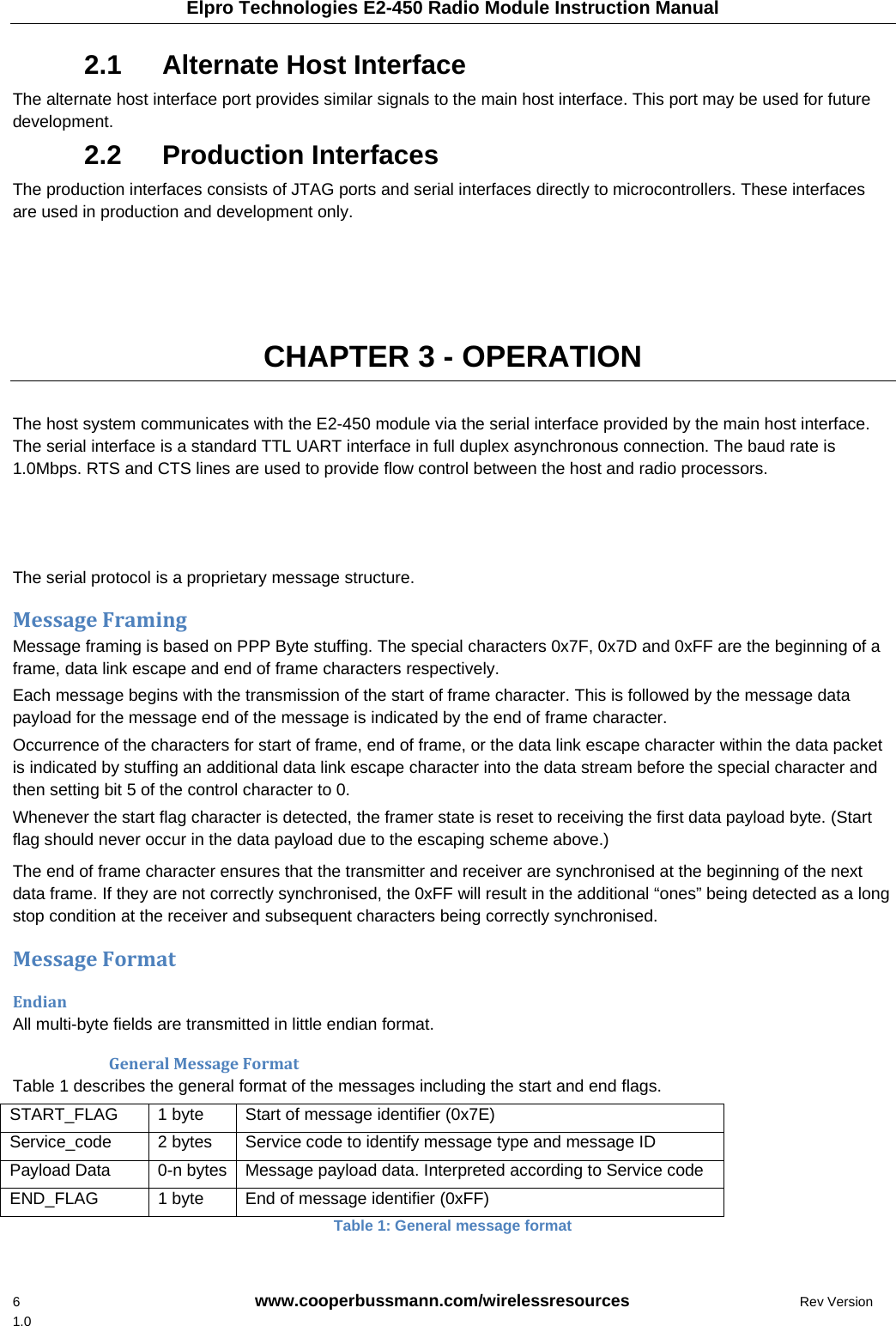 Elpro Technologies E2-450 Radio Module Instruction Manual 6    www.cooperbussmann.com/wirelessresources      Rev Version 1.0 2.1    Alternate Host Interface The alternate host interface port provides similar signals to the main host interface. This port may be used for future development. 2.2    Production Interfaces The production interfaces consists of JTAG ports and serial interfaces directly to microcontrollers. These interfaces are used in production and development only.     CHAPTER 3 - OPERATION  The host system communicates with the E2-450 module via the serial interface provided by the main host interface. The serial interface is a standard TTL UART interface in full duplex asynchronous connection. The baud rate is 1.0Mbps. RTS and CTS lines are used to provide flow control between the host and radio processors.    The serial protocol is a proprietary message structure.  MessageFramingMessage framing is based on PPP Byte stuffing. The special characters 0x7F, 0x7D and 0xFF are the beginning of a frame, data link escape and end of frame characters respectively.  Each message begins with the transmission of the start of frame character. This is followed by the message data payload for the message end of the message is indicated by the end of frame character.  Occurrence of the characters for start of frame, end of frame, or the data link escape character within the data packet is indicated by stuffing an additional data link escape character into the data stream before the special character and then setting bit 5 of the control character to 0.  Whenever the start flag character is detected, the framer state is reset to receiving the first data payload byte. (Start flag should never occur in the data payload due to the escaping scheme above.) The end of frame character ensures that the transmitter and receiver are synchronised at the beginning of the next data frame. If they are not correctly synchronised, the 0xFF will result in the additional &ldquo;ones&rdquo; being detected as a long stop condition at the receiver and subsequent characters being correctly synchronised.  MessageFormatEndianAll multi-byte fields are transmitted in little endian format. GeneralMessageFormatTable 1 describes the general format of the messages including the start and end flags. START_FLAG  1 byte  Start of message identifier (0x7E) Service_code  2 bytes  Service code to identify message type and message ID Payload Data  0-n bytes  Message payload data. Interpreted according to Service code END_FLAG  1 byte  End of message identifier (0xFF) Table 1: General message format 