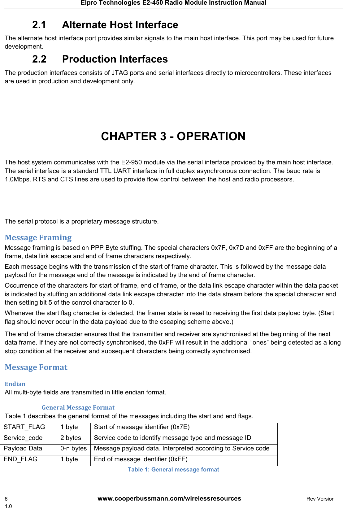 Elpro Technologies E2-450 Radio Module Instruction Manual 6        www.cooperbussmann.com/wirelessresources        Rev Version 1.0   Alternate Host Interface 2.1  The alternate host interface port provides similar signals to the main host interface. This port may be used for future development.   Production Interfaces 2.2  The production interfaces consists of JTAG ports and serial interfaces directly to microcontrollers. These interfaces are used in production and development only.     CHAPTER 3 - OPERATION  The host system communicates with the E2-950 module via the serial interface provided by the main host interface. The serial interface is a standard TTL UART interface in full duplex asynchronous connection. The baud rate is 1.0Mbps. RTS and CTS lines are used to provide flow control between the host and radio processors.    The serial protocol is a proprietary message structure.  Message Framing Message framing is based on PPP Byte stuffing. The special characters 0x7F, 0x7D and 0xFF are the beginning of a frame, data link escape and end of frame characters respectively.  Each message begins with the transmission of the start of frame character. This is followed by the message data payload for the message end of the message is indicated by the end of frame character.  Occurrence of the characters for start of frame, end of frame, or the data link escape character within the data packet is indicated by stuffing an additional data link escape character into the data stream before the special character and then setting bit 5 of the control character to 0.  Whenever the start flag character is detected, the framer state is reset to receiving the first data payload byte. (Start flag should never occur in the data payload due to the escaping scheme above.) The end of frame character ensures that the transmitter and receiver are synchronised at the beginning of the next data frame. If they are not correctly synchronised, the 0xFF will result in the additional “ones” being detected as a long stop condition at the receiver and subsequent characters being correctly synchronised.  Message Format Endian All multi-byte fields are transmitted in little endian format. General Message Format Table 1 describes the general format of the messages including the start and end flags. START_FLAG  1 byte  Start of message identifier (0x7E) Service_code  2 bytes  Service code to identify message type and message ID Payload Data  0-n bytes Message payload data. Interpreted according to Service code END_FLAG  1 byte  End of message identifier (0xFF) Table 1: General message format 