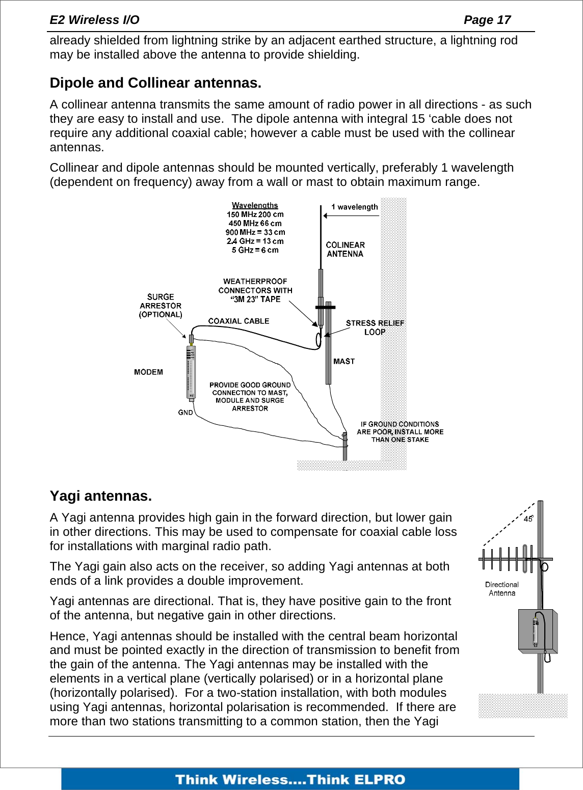 E2 Wireless I/O    Page 17   already shielded from lightning strike by an adjacent earthed structure, a lightning rod may be installed above the antenna to provide shielding. Dipole and Collinear antennas.   A collinear antenna transmits the same amount of radio power in all directions - as such they are easy to install and use.  The dipole antenna with integral 15 &lsquo;cable does not require any additional coaxial cable; however a cable must be used with the collinear antennas. Collinear and dipole antennas should be mounted vertically, preferably 1 wavelength (dependent on frequency) away from a wall or mast to obtain maximum range.           Yagi antennas.   A Yagi antenna provides high gain in the forward direction, but lower gain in other directions. This may be used to compensate for coaxial cable loss for installations with marginal radio path.   The Yagi gain also acts on the receiver, so adding Yagi antennas at both ends of a link provides a double improvement. Yagi antennas are directional. That is, they have positive gain to the front of the antenna, but negative gain in other directions. Hence, Yagi antennas should be installed with the central beam horizontal and must be pointed exactly in the direction of transmission to benefit from the gain of the antenna. The Yagi antennas may be installed with the elements in a vertical plane (vertically polarised) or in a horizontal plane (horizontally polarised).  For a two-station installation, with both modules using Yagi antennas, horizontal polarisation is recommended.  If there are more than two stations transmitting to a common station, then the Yagi 