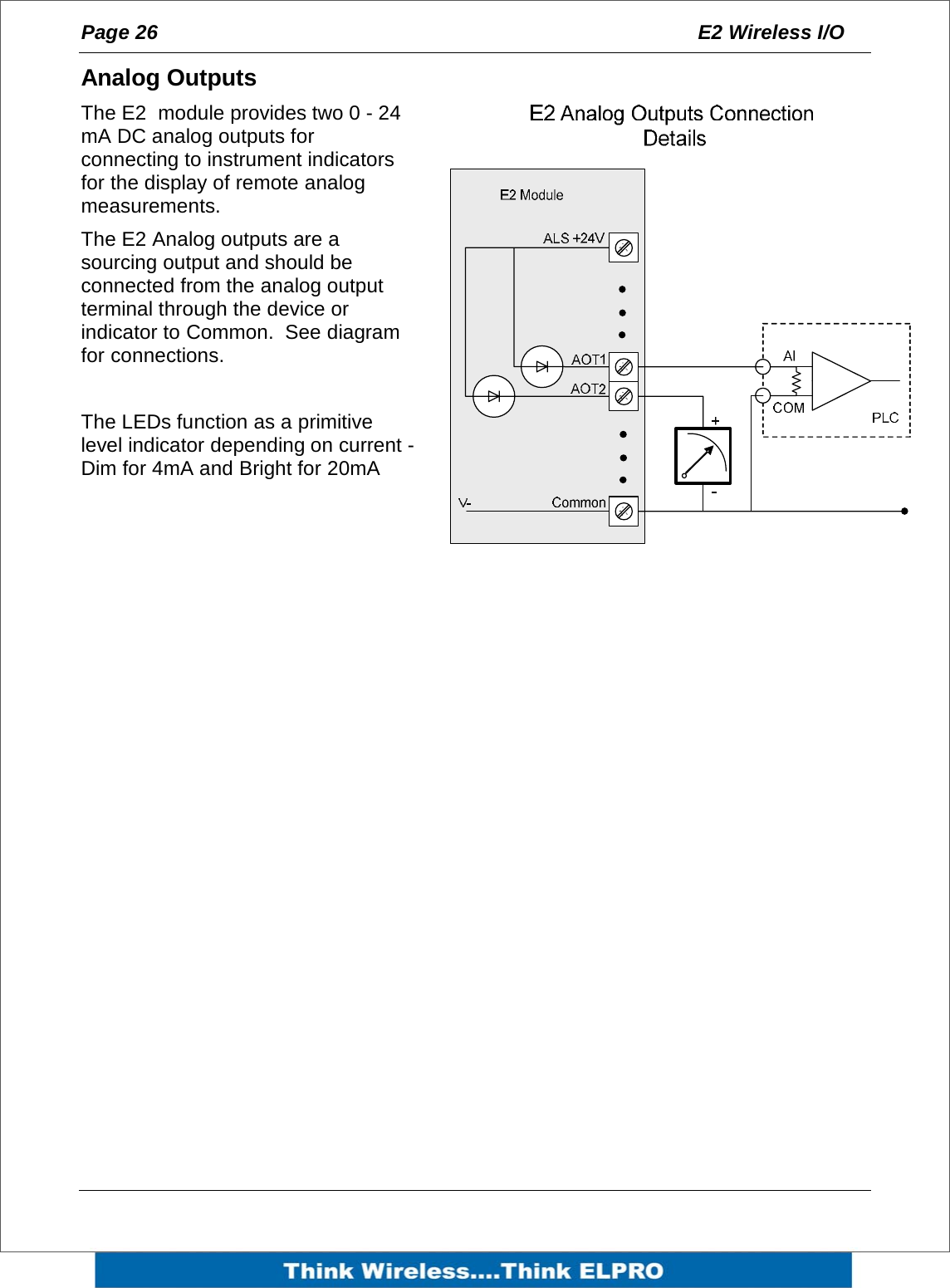 Page 26  E2 Wireless I/O    Analog Outputs The E2  module provides two 0 - 24 mA DC analog outputs for connecting to instrument indicators for the display of remote analog measurements. The E2 Analog outputs are a sourcing output and should be connected from the analog output terminal through the device or indicator to Common.  See diagram for connections.  The LEDs function as a primitive level indicator depending on current - Dim for 4mA and Bright for 20mA  