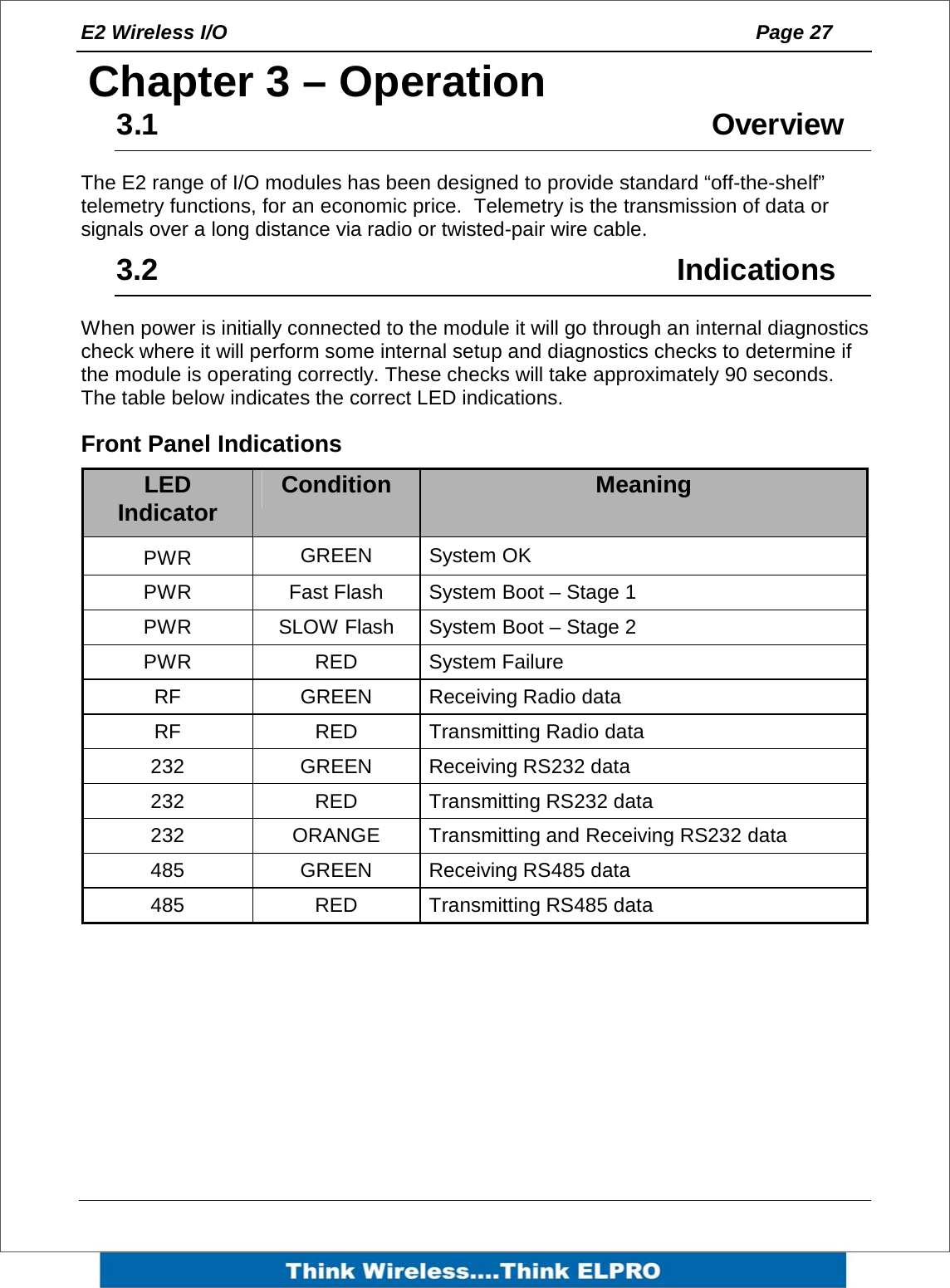 E2 Wireless I/O    Page 27   3Chapter 3 &ndash; Operation 3.1    Overview The E2 range of I/O modules has been designed to provide standard &ldquo;off-the-shelf&rdquo; telemetry functions, for an economic price.  Telemetry is the transmission of data or signals over a long distance via radio or twisted-pair wire cable.   3.2   Indications When power is initially connected to the module it will go through an internal diagnostics check where it will perform some internal setup and diagnostics checks to determine if the module is operating correctly. These checks will take approximately 90 seconds. The table below indicates the correct LED indications.   Front Panel Indications LED Indicator  Condition  Meaning PWR  GREEN System OK PWR  Fast Flash  System Boot &ndash; Stage 1 PWR  SLOW Flash  System Boot &ndash; Stage 2 PWR RED System Failure RF GREEN Receiving Radio data RF RED Transmitting Radio data 232  GREEN  Receiving RS232 data 232  RED  Transmitting RS232 data 232 ORANGE Transmitting and Receiving RS232 data 485  GREEN  Receiving RS485 data 485  RED  Transmitting RS485 data    