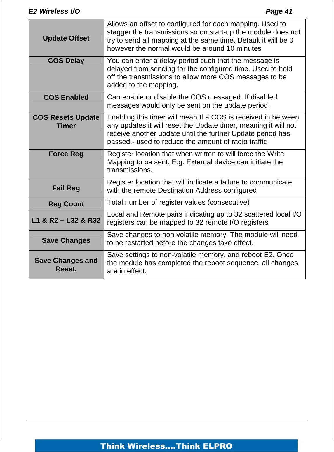 E2 Wireless I/O    Page 41   Update Offset Allows an offset to configured for each mapping. Used to stagger the transmissions so on start-up the module does not try to send all mapping at the same time. Default it will be 0 however the normal would be around 10 minutes                      COS Delay  You can enter a delay period such that the message is delayed from sending for the configured time. Used to hold off the transmissions to allow more COS messages to be added to the mapping. COS Enabled  Can enable or disable the COS messaged. If disabled messages would only be sent on the update period. COS Resets Update Timer  Enabling this timer will mean If a COS is received in between any updates it will reset the Update timer, meaning it will not receive another update until the further Update period has passed.- used to reduce the amount of radio traffic  Force Reg  Register location that when written to will force the Write Mapping to be sent. E.g. External device can initiate the transmissions. Fail Reg  Register location that will indicate a failure to communicate with the remote Destination Address configured Reg Count  Total number of register values (consecutive) L1 &amp; R2 &ndash; L32 &amp; R32  Local and Remote pairs indicating up to 32 scattered local I/O registers can be mapped to 32 remote I/O registers Save Changes  Save changes to non-volatile memory. The module will need to be restarted before the changes take effect. Save Changes and Reset. Save settings to non-volatile memory, and reboot E2. Once the module has completed the reboot sequence, all changes are in effect.  