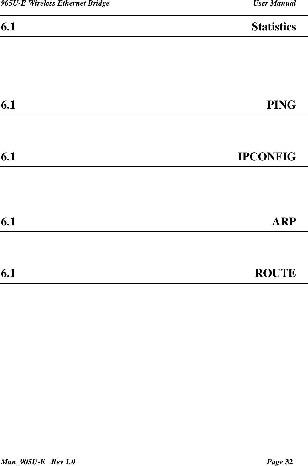 905U-E Wireless Ethernet Bridge  User Manual Man_905U-E   Rev 1.0  Page 32 6.1  Statistics     6.1  PING   6.1  IPCONFIG    6.1  ARP   6.1  ROUTE      