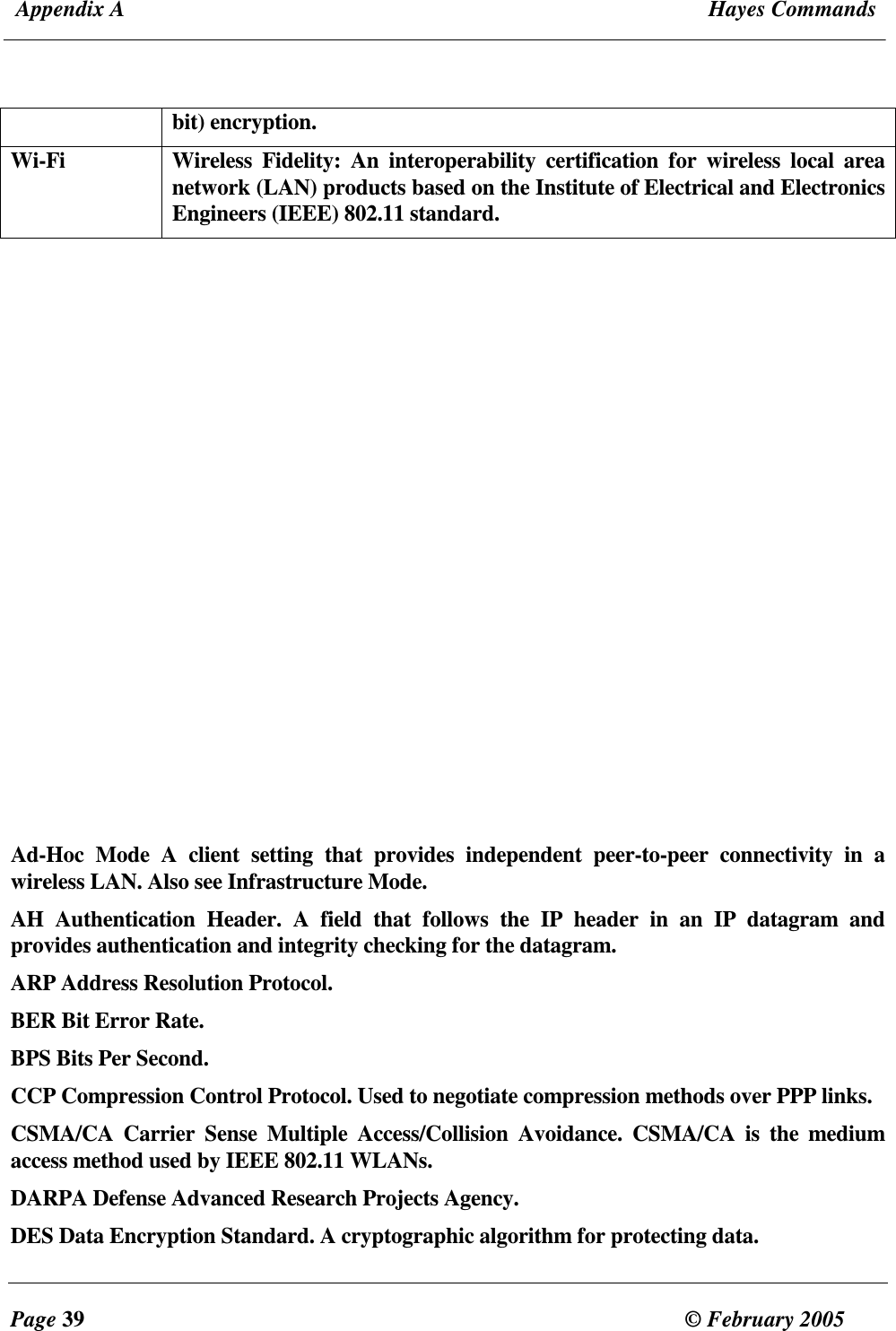  Appendix A  Hayes Commands  Page 39  &copy; February 2005     bit) encryption. Wi-Fi   Wireless  Fidelity:  An  interoperability  certification  for  wireless  local  area network (LAN) products based on the Institute of Electrical and Electronics Engineers (IEEE) 802.11 standard.                                Ad-Hoc  Mode  A  client  setting  that  provides  independent  peer-to-peer  connectivity  in  a wireless LAN. Also see Infrastructure Mode. AH  Authentication  Header.  A  field  that  follows  the  IP  header  in  an  IP  datagram  and provides authentication and integrity checking for the datagram. ARP Address Resolution Protocol. BER Bit Error Rate. BPS Bits Per Second. CCP Compression Control Protocol. Used to negotiate compression methods over PPP links. CSMA/CA  Carrier  Sense  Multiple  Access/Collision  Avoidance.  CSMA/CA  is  the  medium access method used by IEEE 802.11 WLANs. DARPA Defense Advanced Research Projects Agency. DES Data Encryption Standard. A cryptographic algorithm for protecting data. 