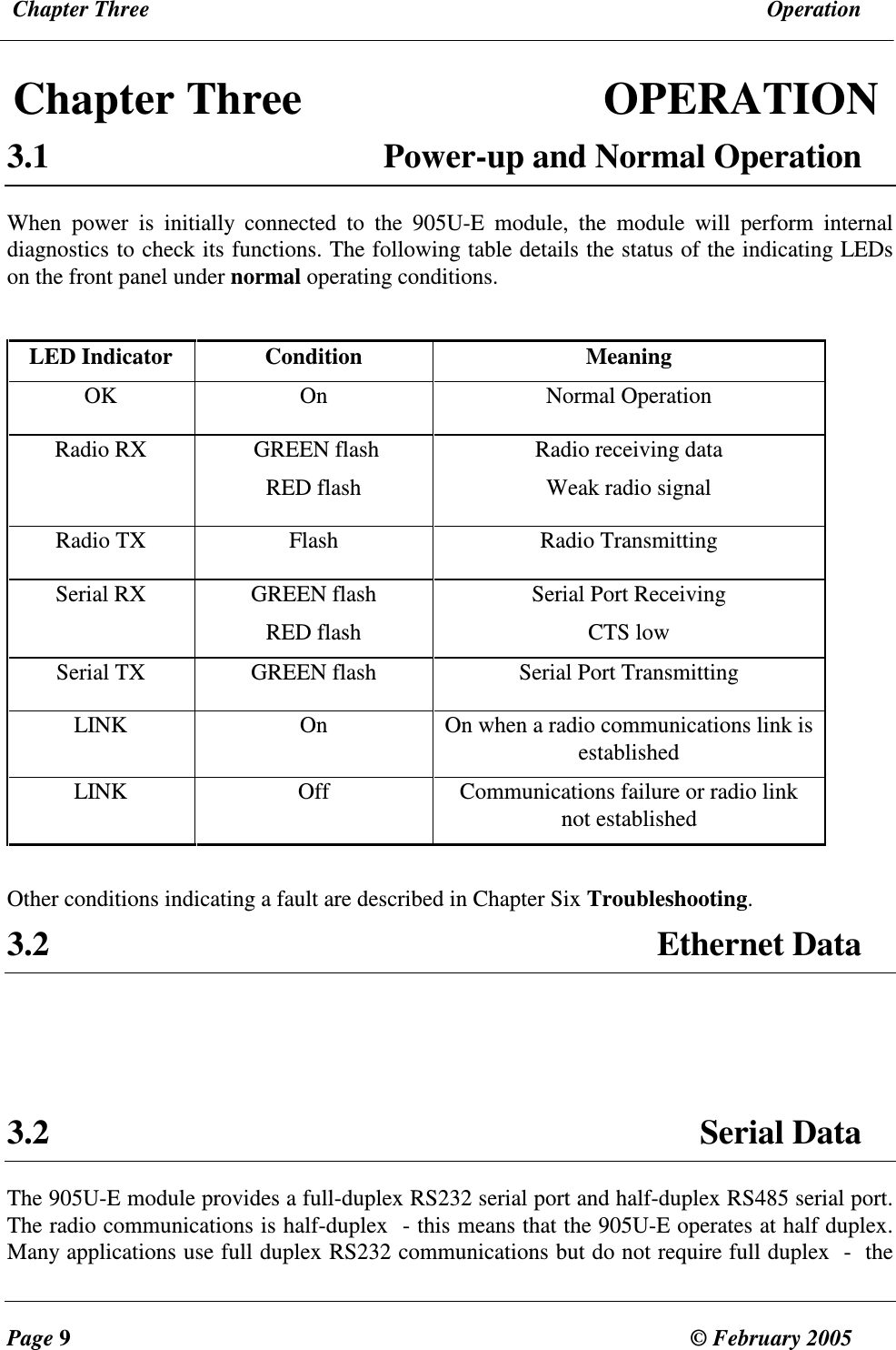  Chapter Three  Operation  Page 9  &copy; February 2005     Chapter Three            OPERATION 3.1  Power-up and Normal Operation When  power  is  initially  connected  to  the  905U-E  module,  the  module  will  perform  internal diagnostics to check its functions. The following table details the status of the indicating LEDs on the front panel under normal operating conditions.  LED Indicator Condition Meaning OK   On  Normal Operation Radio RX   GREEN flash RED flash Radio receiving data Weak radio signal Radio TX  Flash  Radio Transmitting Serial RX  GREEN flash  RED flash Serial Port Receiving  CTS low Serial TX  GREEN flash  Serial Port Transmitting LINK  On  On when a radio communications link is established LINK  Off  Communications failure or radio link not established  Other conditions indicating a fault are described in Chapter Six Troubleshooting. 3.2  Ethernet Data    3.2  Serial Data The 905U-E module provides a full-duplex RS232 serial port and half-duplex RS485 serial port.    The radio communications is half-duplex  - this means that the 905U-E operates at half duplex.  Many applications use full duplex RS232 communications but do not require full duplex  -  the 