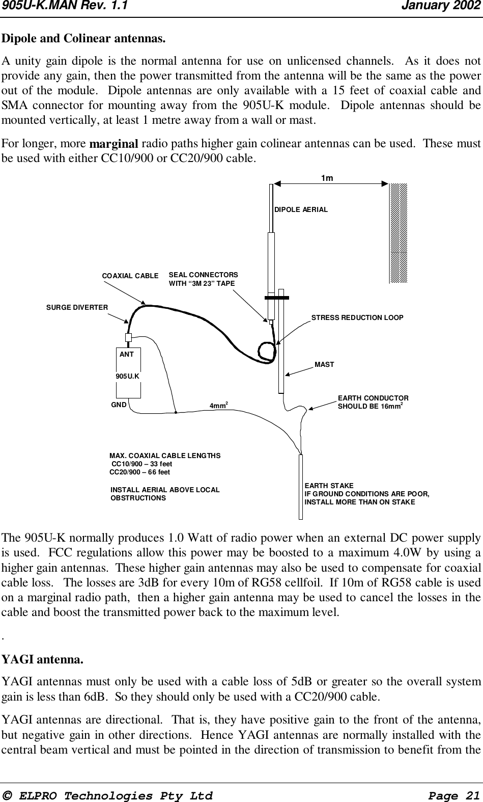 905U-K.MAN Rev. 1.1 January 2002 ELPRO Technologies Pty Ltd Page 21Dipole and Colinear antennas. A unity gain dipole is the normal antenna for use on unlicensed channels. As it does notprovide any gain, then the power transmitted from the antenna will be the same as the powerout of the module. Dipole antennas are only available with a 15 feet of coaxial cable andSMA connector for mounting away from the 905U-K module. Dipole antennas should bemounted vertically, at least 1 metre away from a wall or mast. For longer, more marginal radio paths higher gain colinear antennas can be used. These mustbe used with either CC10/900 or CC20/900 cable. 4mm21mDIPOLE AERIALMASTEARTH CONDUCTORSHOULD BE 16mm2EARTH STAKEIF GROUND CONDITIONS ARE POOR,INSTALL MORE THAN ON STAKEMAX. COAXIAL CABLE LENGTHS CC10/900 – 33 feetCC20/900 – 66 feetINSTALL AERIAL ABOVE LOCALOBSTRUCTIONSGNDANT905U.KSURGE DIVERTERCOAXIAL CABLE SEAL CONNECTORSWITH “3M 23” TAPESTRESS REDUCTION LOOP The 905U-K normally produces 1.0 Watt of radio power when an external DC power supplyis used. FCC regulations allow this power may be boosted to a maximum 4.0W by using ahigher gain antennas. These higher gain antennas may also be used to compensate for coaxialcable loss. The losses are 3dB for every 10m of RG58 cellfoil. If 10m of RG58 cable is usedon a marginal radio path, then a higher gain antenna may be used to cancel the losses in thecable and boost the transmitted power back to the maximum level. . YAGI antenna. YAGI antennas must only be used with a cable loss of 5dB or greater so the overall systemgain is less than 6dB. So they should only be used with a CC20/900 cable. YAGI antennas are directional. That is, they have positive gain to the front of the antenna,but negative gain in other directions. Hence YAGI antennas are normally installed with thecentral beam vertical and must be pointed in the direction of transmission to benefit from the