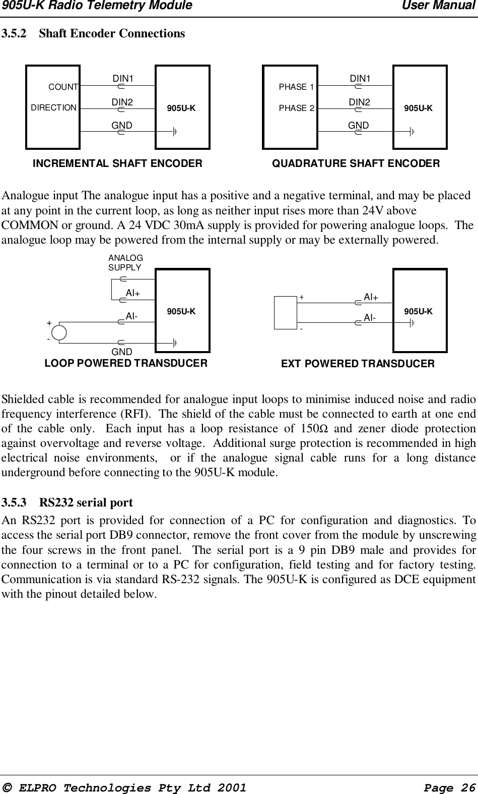 905U-K Radio Telemetry Module User Manual ELPRO Technologies Pty Ltd 2001 Page 263.5.2 Shaft Encoder Connections⊂⊂⊂COUNTDIRECTIONGNDDIN2DIN1905U-K⊂⊂⊂PHASE 1PHASE 2GNDDIN2DIN1905U-KINCREMENTAL SHAFT ENCODER QUADRATURE SHAFT ENCODERAnalogue input The analogue input has a positive and a negative terminal, and may be placedat any point in the current loop, as long as neither input rises more than 24V aboveCOMMON or ground. A 24 VDC 30mA supply is provided for powering analogue loops. Theanalogue loop may be powered from the internal supply or may be externally powered.⊂⊂GNDAI- 905U-K⊂⊂+-AI+905U-K⊂LOOP POWERED TRANSDUCER EXT POWERED TRANSDUCER⊂⊂⊂+-AI+AI-ANALOGSUPPLYShielded cable is recommended for analogue input loops to minimise induced noise and radiofrequency interference (RFI). The shield of the cable must be connected to earth at one endof the cable only. Each input has a loop resistance of 150Ω and zener diode protectionagainst overvoltage and reverse voltage. Additional surge protection is recommended in highelectrical noise environments, or if the analogue signal cable runs for a long distanceunderground before connecting to the 905U-K module.3.5.3 RS232 serial portAn RS232 port is provided for connection of a PC for configuration and diagnostics. Toaccess the serial port DB9 connector, remove the front cover from the module by unscrewingthe four screws in the front panel. The serial port is a 9 pin DB9 male and provides forconnection to a terminal or to a PC for configuration, field testing and for factory testing.Communication is via standard RS-232 signals. The 905U-K is configured as DCE equipmentwith the pinout detailed below.