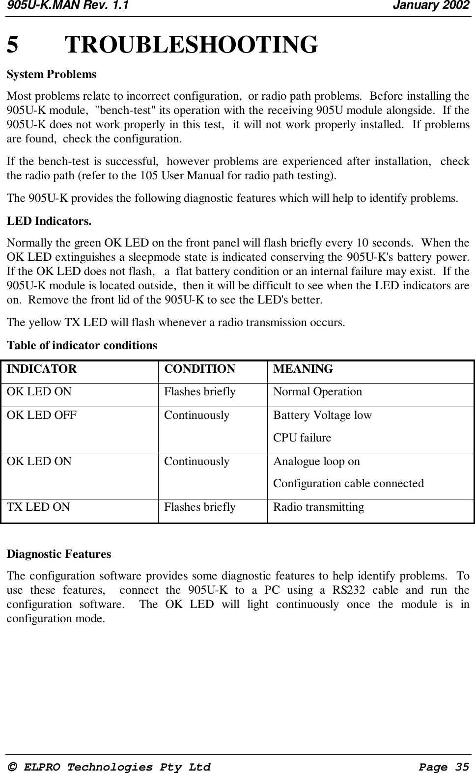 905U-K.MAN Rev. 1.1 January 2002 ELPRO Technologies Pty Ltd Page 355 TROUBLESHOOTINGSystem ProblemsMost problems relate to incorrect configuration, or radio path problems. Before installing the905U-K module, "bench-test" its operation with the receiving 905U module alongside. If the905U-K does not work properly in this test, it will not work properly installed. If problemsare found, check the configuration.If the bench-test is successful, however problems are experienced after installation, checkthe radio path (refer to the 105 User Manual for radio path testing).The 905U-K provides the following diagnostic features which will help to identify problems.LED Indicators.Normally the green OK LED on the front panel will flash briefly every 10 seconds. When theOK LED extinguishes a sleepmode state is indicated conserving the 905U-K's battery power.If the OK LED does not flash, a flat battery condition or an internal failure may exist. If the905U-K module is located outside, then it will be difficult to see when the LED indicators areon. Remove the front lid of the 905U-K to see the LED's better.The yellow TX LED will flash whenever a radio transmission occurs.Table of indicator conditionsINDICATOR CONDITION MEANINGOK LED ON Flashes briefly Normal OperationOK LED OFF Continuously Battery Voltage lowCPU failureOK LED ON Continuously Analogue loop onConfiguration cable connectedTX LED ON Flashes briefly Radio transmittingDiagnostic FeaturesThe configuration software provides some diagnostic features to help identify problems. Touse these features, connect the 905U-K to a PC using a RS232 cable and run theconfiguration software. The OK LED will light continuously once the module is inconfiguration mode.