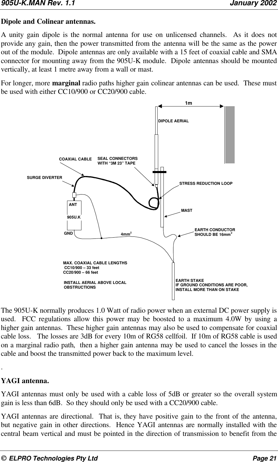 905U-K.MAN Rev. 1.1 January 2002 ELPRO Technologies Pty Ltd Page 21Dipole and Colinear antennas. A unity gain dipole is the normal antenna for use on unlicensed channels. As it does notprovide any gain, then the power transmitted from the antenna will be the same as the powerout of the module. Dipole antennas are only available with a 15 feet of coaxial cable and SMAconnector for mounting away from the 905U-K module. Dipole antennas should be mountedvertically, at least 1 metre away from a wall or mast. For longer, more marginal radio paths higher gain colinear antennas can be used. These mustbe used with either CC10/900 or CC20/900 cable. 4mm21mDIPOLE AERIALMASTEARTH CONDUCTORSHOULD BE 16mm2EARTH STAKEIF GROUND CONDITIONS ARE POOR,INSTALL MORE THAN ON STAKEMAX. COAXIAL CABLE LENGTHS CC10/900 – 33 feetCC20/900 – 66 feetINSTALL AERIAL ABOVE LOCALOBSTRUCTIONSGNDANT905U.KSURGE DIVERTERCOAXIAL CABLESEAL CONNECTORSWITH “3M 23” TAPESTRESS REDUCTION LOOP The 905U-K normally produces 1.0 Watt of radio power when an external DC power supply isused. FCC regulations allow this power may be boosted to a maximum 4.0W by using ahigher gain antennas. These higher gain antennas may also be used to compensate for coaxialcable loss. The losses are 3dB for every 10m of RG58 cellfoil. If 10m of RG58 cable is usedon a marginal radio path, then a higher gain antenna may be used to cancel the losses in thecable and boost the transmitted power back to the maximum level. . YAGI antenna. YAGI antennas must only be used with a cable loss of 5dB or greater so the overall systemgain is less than 6dB. So they should only be used with a CC20/900 cable. YAGI antennas are directional. That is, they have positive gain to the front of the antenna,but negative gain in other directions. Hence YAGI antennas are normally installed with thecentral beam vertical and must be pointed in the direction of transmission to benefit from the