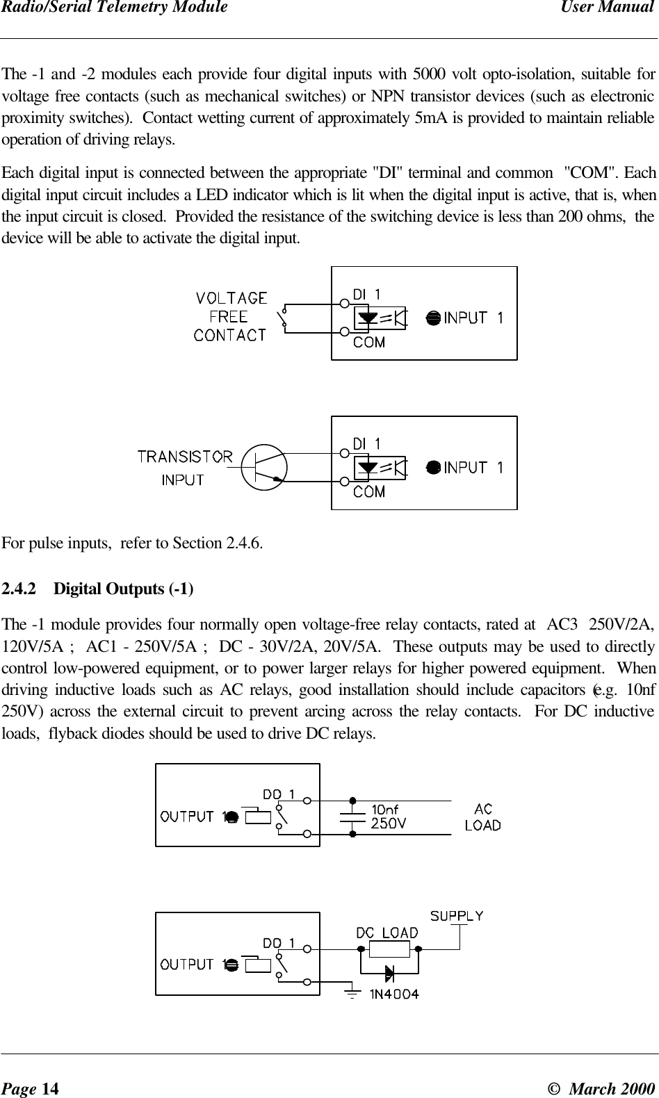 Radio/Serial Telemetry Module User ManualPage 14 © March 2000The -1 and -2 modules each provide four digital inputs with 5000 volt opto-isolation, suitable forvoltage free contacts (such as mechanical switches) or NPN transistor devices (such as electronicproximity switches). Contact wetting current of approximately 5mA is provided to maintain reliableoperation of driving relays.Each digital input is connected between the appropriate "DI" terminal and common "COM". Eachdigital input circuit includes a LED indicator which is lit when the digital input is active, that is, whenthe input circuit is closed. Provided the resistance of the switching device is less than 200 ohms, thedevice will be able to activate the digital input.For pulse inputs, refer to Section 2.4.6.2.4.2 Digital Outputs (-1)The -1 module provides four normally open voltage-free relay contacts, rated at AC3 250V/2A,120V/5A ; AC1 - 250V/5A ; DC - 30V/2A, 20V/5A. These outputs may be used to directlycontrol low-powered equipment, or to power larger relays for higher powered equipment. Whendriving inductive loads such as AC relays, good installation should include capacitors (e.g. 10nf250V) across the external circuit to prevent arcing across the relay contacts. For DC inductiveloads, flyback diodes should be used to drive DC relays.