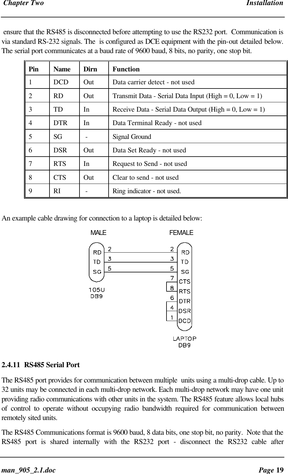 Chapter Two Installationman_905_2.1.doc Page 19ensure that the RS485 is disconnected before attempting to use the RS232 port. Communication isvia standard RS-232 signals. The is configured as DCE equipment with the pin-out detailed below.The serial port communicates at a baud rate of 9600 baud, 8 bits, no parity, one stop bit.Pin Name Dirn Function1DCD Out Data carrier detect - not used2RD Out Transmit Data - Serial Data Input (High = 0, Low = 1)3TD In Receive Data - Serial Data Output (High = 0, Low = 1)4DTR In Data Terminal Ready - not used5SG - Signal Ground6DSR Out Data Set Ready - not used7RTS In Request to Send - not used8CTS Out Clear to send - not used9RI - Ring indicator - not used.An example cable drawing for connection to a laptop is detailed below: MALE FEMALE2.4.11 RS485 Serial PortThe RS485 port provides for communication between multiple units using a multi-drop cable. Up to32 units may be connected in each multi-drop network. Each multi-drop network may have one unitproviding radio communications with other units in the system. The RS485 feature allows local hubsof control to operate without occupying radio bandwidth required for communication betweenremotely sited units.The RS485 Communications format is 9600 baud, 8 data bits, one stop bit, no parity. Note that theRS485 port is shared internally with the RS232 port - disconnect the RS232 cable after