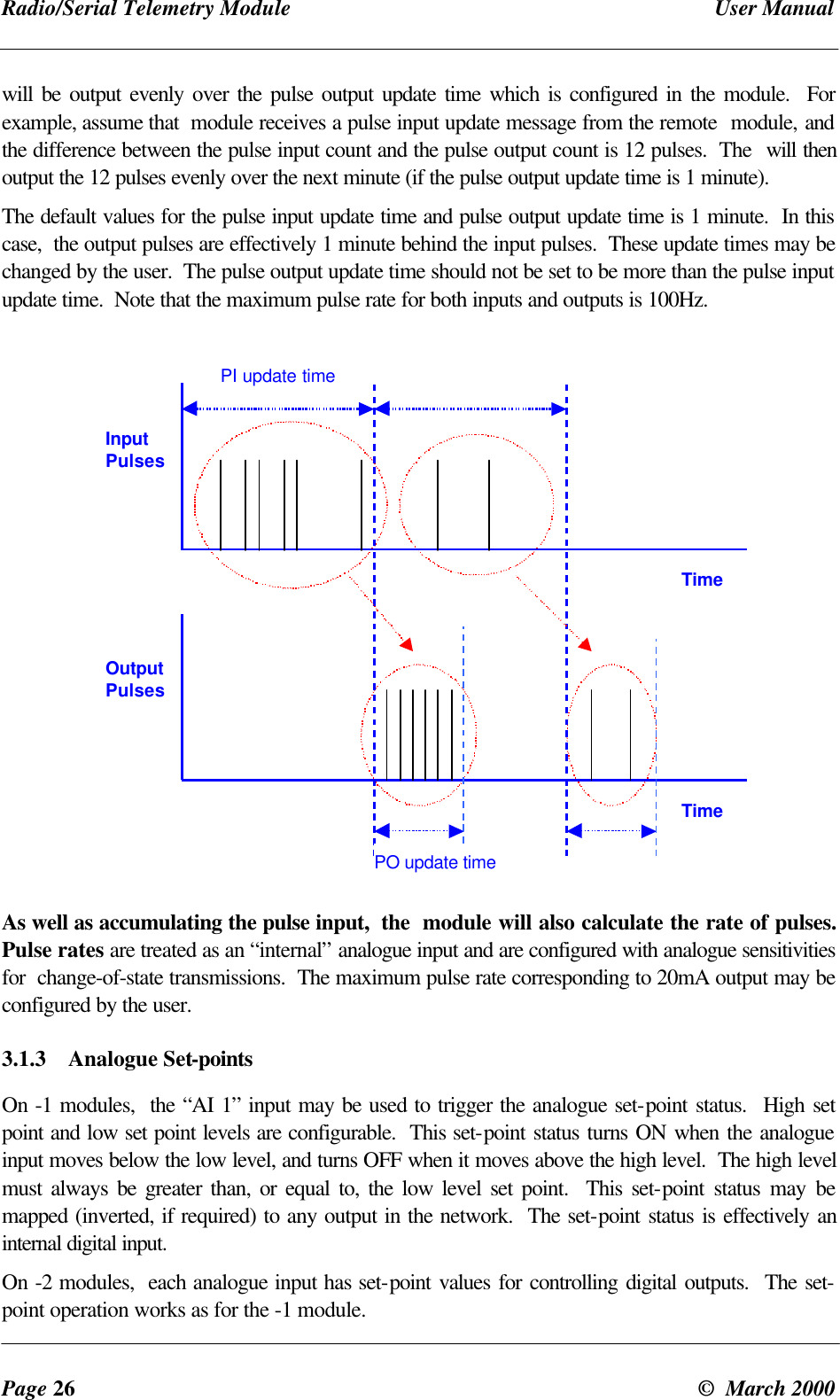 Radio/Serial Telemetry Module User ManualPage 26 © March 2000will be output evenly over the pulse output update time which is configured in the module. Forexample, assume that module receives a pulse input update message from the remote module, andthe difference between the pulse input count and the pulse output count is 12 pulses. The will thenoutput the 12 pulses evenly over the next minute (if the pulse output update time is 1 minute).The default values for the pulse input update time and pulse output update time is 1 minute. In thiscase, the output pulses are effectively 1 minute behind the input pulses. These update times may bechanged by the user. The pulse output update time should not be set to be more than the pulse inputupdate time. Note that the maximum pulse rate for both inputs and outputs is 100Hz.InputPulsesTimeOutputPulsesPI update timePO update timeTimeAs well as accumulating the pulse input, the module will also calculate the rate of pulses.Pulse rates are treated as an “internal” analogue input and are configured with analogue sensitivitiesfor change-of-state transmissions. The maximum pulse rate corresponding to 20mA output may beconfigured by the user.3.1.3 Analogue Set-pointsOn -1 modules, the “AI 1” input may be used to trigger the analogue set-point status. High setpoint and low set point levels are configurable. This set-point status turns ON when the analogueinput moves below the low level, and turns OFF when it moves above the high level. The high levelmust always be greater than, or equal to, the low level set point. This set-point status may bemapped (inverted, if required) to any output in the network. The set-point status is effectively aninternal digital input.On -2 modules, each analogue input has set-point values for controlling digital outputs. The set-point operation works as for the -1 module.