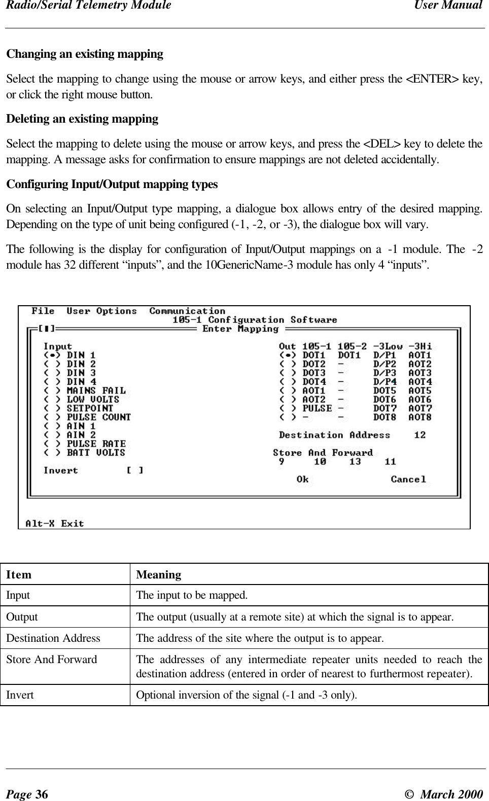 Radio/Serial Telemetry Module User ManualPage 36 © March 2000Changing an existing mappingSelect the mapping to change using the mouse or arrow keys, and either press the <ENTER> key,or click the right mouse button.Deleting an existing mappingSelect the mapping to delete using the mouse or arrow keys, and press the <DEL> key to delete themapping. A message asks for confirmation to ensure mappings are not deleted accidentally.Configuring Input/Output mapping typesOn selecting an Input/Output type mapping, a dialogue box allows entry of the desired mapping.Depending on the type of unit being configured (-1, -2, or -3), the dialogue box will vary.The following is the display for configuration of Input/Output mappings on a -1 module. The -2module has 32 different “inputs”, and the 10GenericName-3 module has only 4 “inputs”.Item MeaningInput The input to be mapped.Output The output (usually at a remote site) at which the signal is to appear.Destination Address The address of the site where the output is to appear.Store And Forward The addresses of any intermediate repeater units needed to reach thedestination address (entered in order of nearest to furthermost repeater).Invert Optional inversion of the signal (-1 and -3 only).