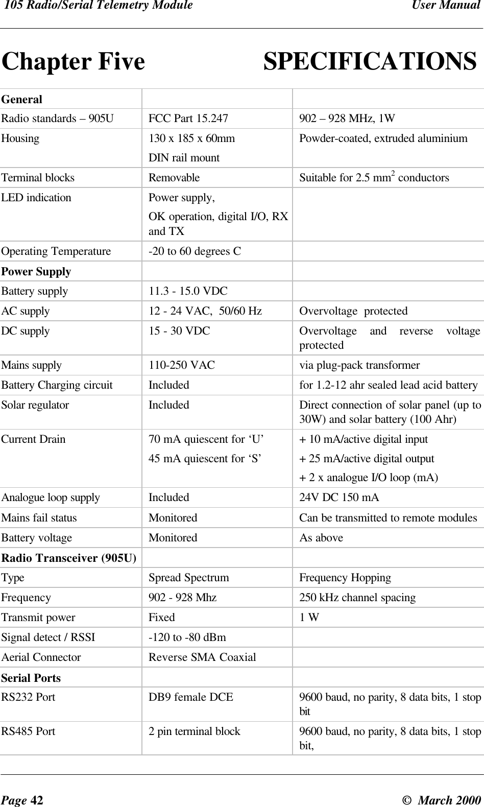 105 Radio/Serial Telemetry Module User ManualPage 42 © March 2000Chapter Five SPECIFICATIONSGeneralRadio standards – 905U FCC Part 15.247 902 – 928 MHz, 1WHousing 130 x 185 x 60mmDIN rail mountPowder-coated, extruded aluminiumTerminal blocks Removable Suitable for 2.5 mm2 conductorsLED indication Power supply,OK operation, digital I/O, RXand TXOperating Temperature -20 to 60 degrees CPower SupplyBattery supply 11.3 - 15.0 VDCAC supply 12 - 24 VAC, 50/60 Hz Overvoltage protectedDC supply 15 - 30 VDC Overvoltage and reverse voltageprotectedMains supply 110-250 VAC via plug-pack transformerBattery Charging circuit Included for 1.2-12 ahr sealed lead acid batterySolar regulator Included Direct connection of solar panel (up to30W) and solar battery (100 Ahr)Current Drain 70 mA quiescent for ‘U’45 mA quiescent for ‘S’+ 10 mA/active digital input+ 25 mA/active digital output+ 2 x analogue I/O loop (mA)Analogue loop supply Included 24V DC 150 mAMains fail status Monitored Can be transmitted to remote modulesBattery voltage Monitored As aboveRadio Transceiver (905U)Type Spread Spectrum Frequency HoppingFrequency 902 - 928 Mhz 250 kHz channel spacingTransmit power Fixed 1 WSignal detect / RSSI -120 to -80 dBmAerial Connector Reverse SMA CoaxialSerial PortsRS232 Port DB9 female DCE 9600 baud, no parity, 8 data bits, 1 stopbitRS485 Port 2 pin terminal block 9600 baud, no parity, 8 data bits, 1 stopbit,