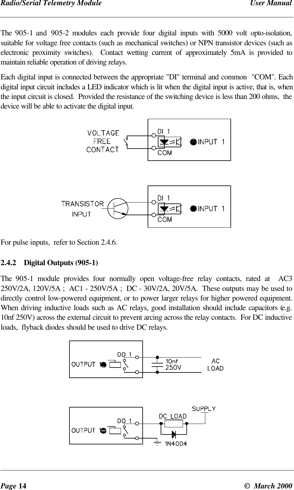 Radio/Serial Telemetry Module User ManualPage 14 © March 2000The 905-1 and 905-2 modules each provide four digital inputs with 5000 volt opto-isolation,suitable for voltage free contacts (such as mechanical switches) or NPN transistor devices (such aselectronic proximity switches). Contact wetting current of approximately 5mA is provided tomaintain reliable operation of driving relays.Each digital input is connected between the appropriate "DI" terminal and common "COM". Eachdigital input circuit includes a LED indicator which is lit when the digital input is active, that is, whenthe input circuit is closed. Provided the resistance of the switching device is less than 200 ohms, thedevice will be able to activate the digital input.For pulse inputs, refer to Section 2.4.6.2.4.2 Digital Outputs (905-1)The 905-1 module provides four normally open voltage-free relay contacts, rated at AC3250V/2A, 120V/5A ; AC1 - 250V/5A ; DC - 30V/2A, 20V/5A. These outputs may be used todirectly control low-powered equipment, or to power larger relays for higher powered equipment.When driving inductive loads such as AC relays, good installation should include capacitors (e.g.10nf 250V) across the external circuit to prevent arcing across the relay contacts. For DC inductiveloads, flyback diodes should be used to drive DC relays.