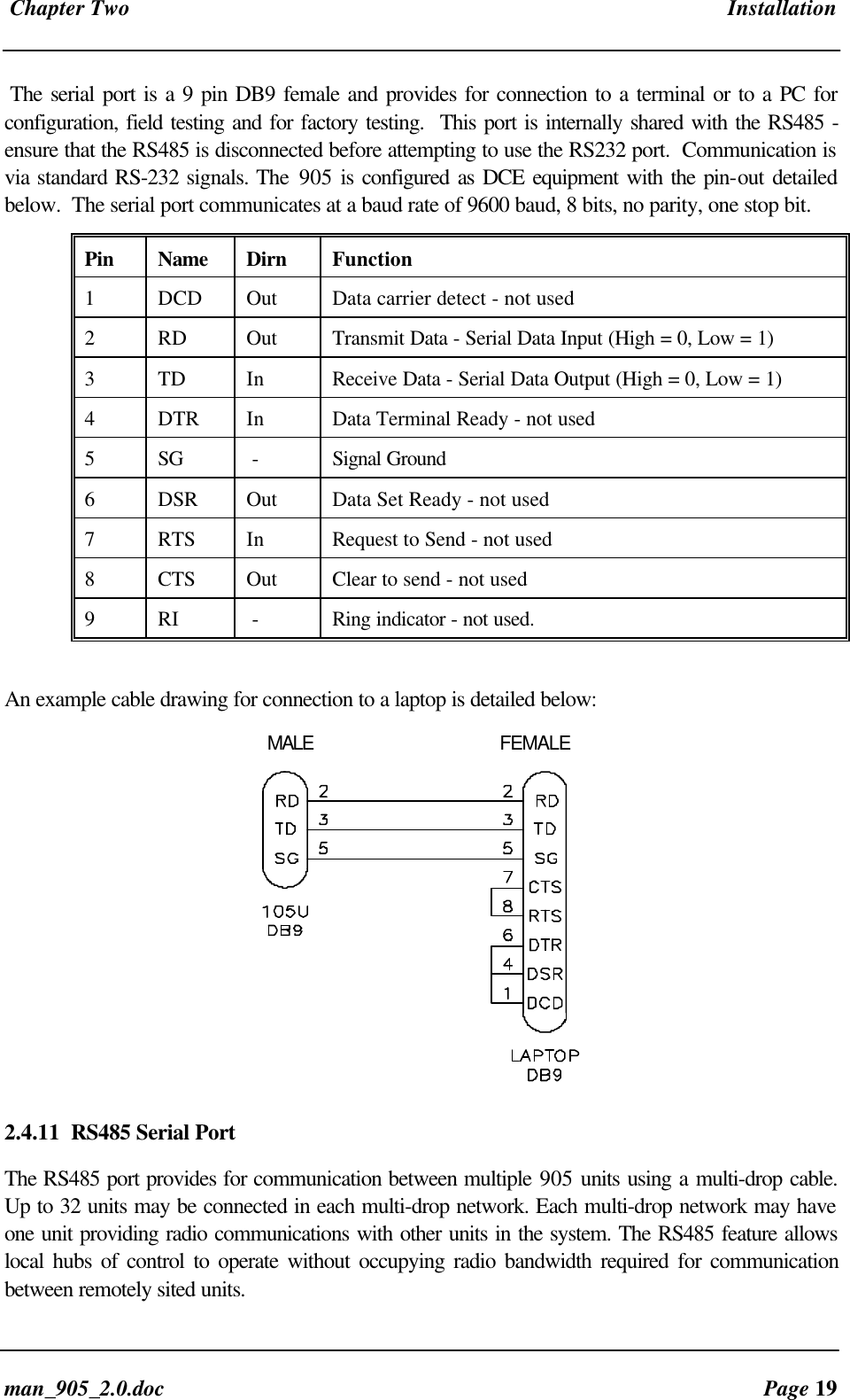 Chapter Two Installationman_905_2.0.doc Page 19The serial port is a 9 pin DB9 female and provides for connection to a terminal or to a PC forconfiguration, field testing and for factory testing. This port is internally shared with the RS485 -ensure that the RS485 is disconnected before attempting to use the RS232 port. Communication isvia standard RS-232 signals. The 905 is configured as DCE equipment with the pin-out detailedbelow. The serial port communicates at a baud rate of 9600 baud, 8 bits, no parity, one stop bit.Pin Name Dirn Function1DCD Out Data carrier detect - not used2RD Out Transmit Data - Serial Data Input (High = 0, Low = 1)3TD In Receive Data - Serial Data Output (High = 0, Low = 1)4DTR In Data Terminal Ready - not used5SG - Signal Ground6DSR Out Data Set Ready - not used7RTS In Request to Send - not used8CTS Out Clear to send - not used9RI - Ring indicator - not used.An example cable drawing for connection to a laptop is detailed below: MALE FEMALE2.4.11 RS485 Serial PortThe RS485 port provides for communication between multiple 905 units using a multi-drop cable.Up to 32 units may be connected in each multi-drop network. Each multi-drop network may haveone unit providing radio communications with other units in the system. The RS485 feature allowslocal hubs of control to operate without occupying radio bandwidth required for communicationbetween remotely sited units.