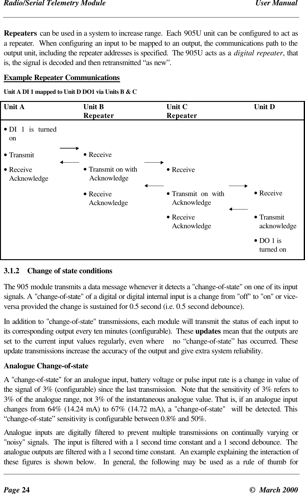 Radio/Serial Telemetry Module User ManualPage 24 © March 2000Repeaters can be used in a system to increase range. Each 905U unit can be configured to act asa repeater. When configuring an input to be mapped to an output, the communications path to theoutput unit, including the repeater addresses is specified. The 905U acts as a digital repeater, thatis, the signal is decoded and then retransmitted “as new”.Example Repeater CommunicationsUnit A DI 1 mapped to Unit D DO1 via Units B & CUnit A Unit BRepeater Unit CRepeater Unit D• DI 1 is turnedon• Transmit• ReceiveAcknowledge• Receive• Transmit on with Acknowledge• ReceiveAcknowledge• Receive• Transmit on withAcknowledge• ReceiveAcknowledge• Receive• Transmitacknowledge• DO 1 isturned on3.1.2 Change of state conditionsThe 905 module transmits a data message whenever it detects a "change-of-state" on one of its inputsignals. A "change-of-state" of a digital or digital internal input is a change from "off" to "on" or vice-versa provided the change is sustained for 0.5 second (i.e. 0.5 second debounce).In addition to "change-of-state" transmissions, each module will transmit the status of each input toits corresponding output every ten minutes (configurable). These updates mean that the outputs areset to the current input values regularly, even where no “change-of-state” has occurred. Theseupdate transmissions increase the accuracy of the output and give extra system reliability.Analogue Change-of-stateA "change-of-state" for an analogue input, battery voltage or pulse input rate is a change in value ofthe signal of 3% (configurable) since the last transmission. Note that the sensitivity of 3% refers to3% of the analogue range, not 3% of the instantaneous analogue value. That is, if an analogue inputchanges from 64% (14.24 mA) to 67% (14.72 mA), a "change-of-state" will be detected. This“change-of-state” sensitivity is configurable between 0.8% and 50%.Analogue inputs are digitally filtered to prevent multiple transmissions on continually varying or"noisy" signals. The input is filtered with a 1 second time constant and a 1 second debounce. Theanalogue outputs are filtered with a 1 second time constant. An example explaining the interaction ofthese figures is shown below. In general, the following may be used as a rule of thumb for