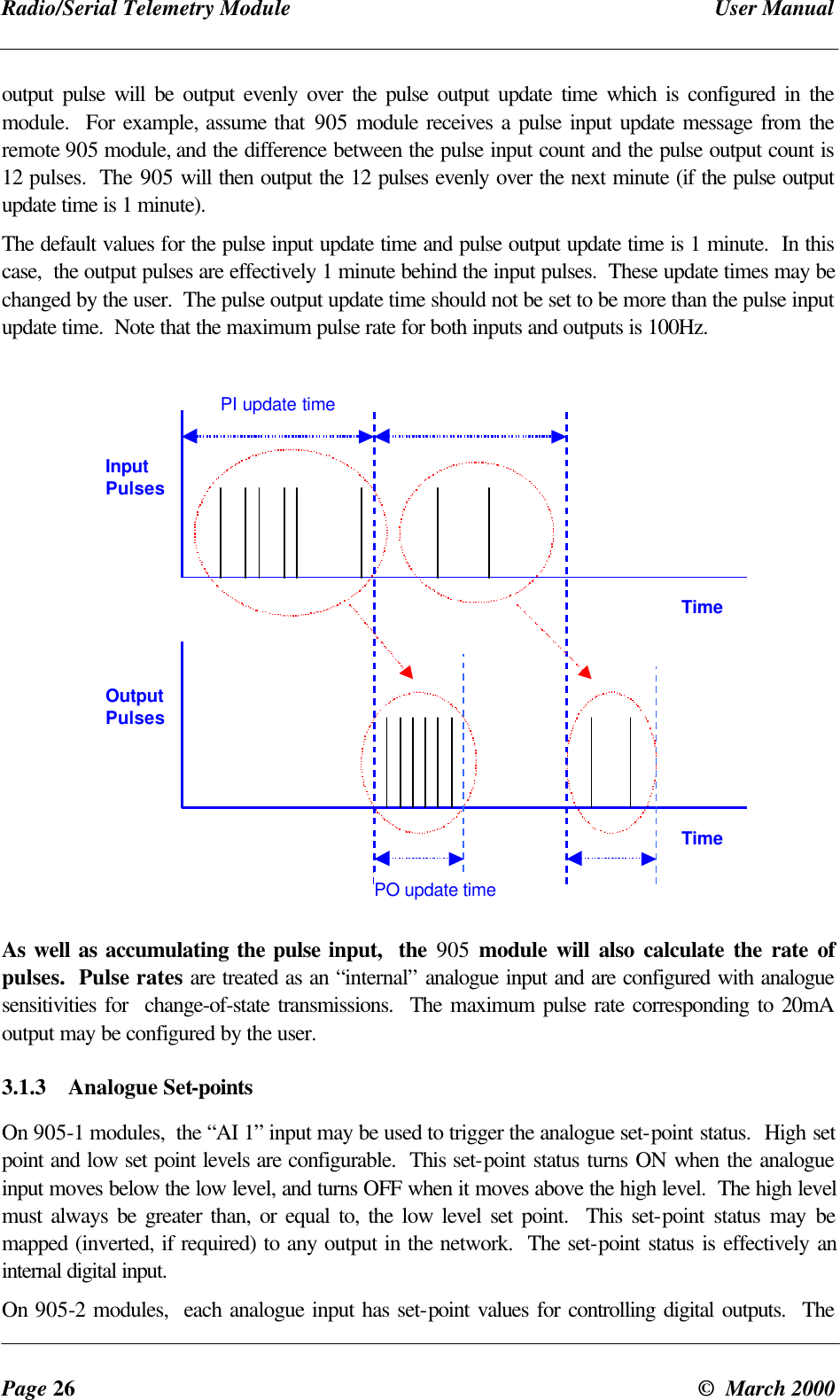 Radio/Serial Telemetry Module User ManualPage 26 © March 2000output pulse will be output evenly over the pulse output update time which is configured in themodule. For example, assume that 905 module receives a pulse input update message from theremote 905 module, and the difference between the pulse input count and the pulse output count is12 pulses. The 905 will then output the 12 pulses evenly over the next minute (if the pulse outputupdate time is 1 minute).The default values for the pulse input update time and pulse output update time is 1 minute. In thiscase, the output pulses are effectively 1 minute behind the input pulses. These update times may bechanged by the user. The pulse output update time should not be set to be more than the pulse inputupdate time. Note that the maximum pulse rate for both inputs and outputs is 100Hz.InputPulsesTimeOutputPulsesPI update timePO update timeTimeAs well as accumulating the pulse input, the 905 module will also calculate the rate ofpulses. Pulse rates are treated as an “internal” analogue input and are configured with analoguesensitivities for change-of-state transmissions. The maximum pulse rate corresponding to 20mAoutput may be configured by the user.3.1.3 Analogue Set-pointsOn 905-1 modules, the “AI 1” input may be used to trigger the analogue set-point status. High setpoint and low set point levels are configurable. This set-point status turns ON when the analogueinput moves below the low level, and turns OFF when it moves above the high level. The high levelmust always be greater than, or equal to, the low level set point. This set-point status may bemapped (inverted, if required) to any output in the network. The set-point status is effectively aninternal digital input.On 905-2 modules, each analogue input has set-point values for controlling digital outputs. The