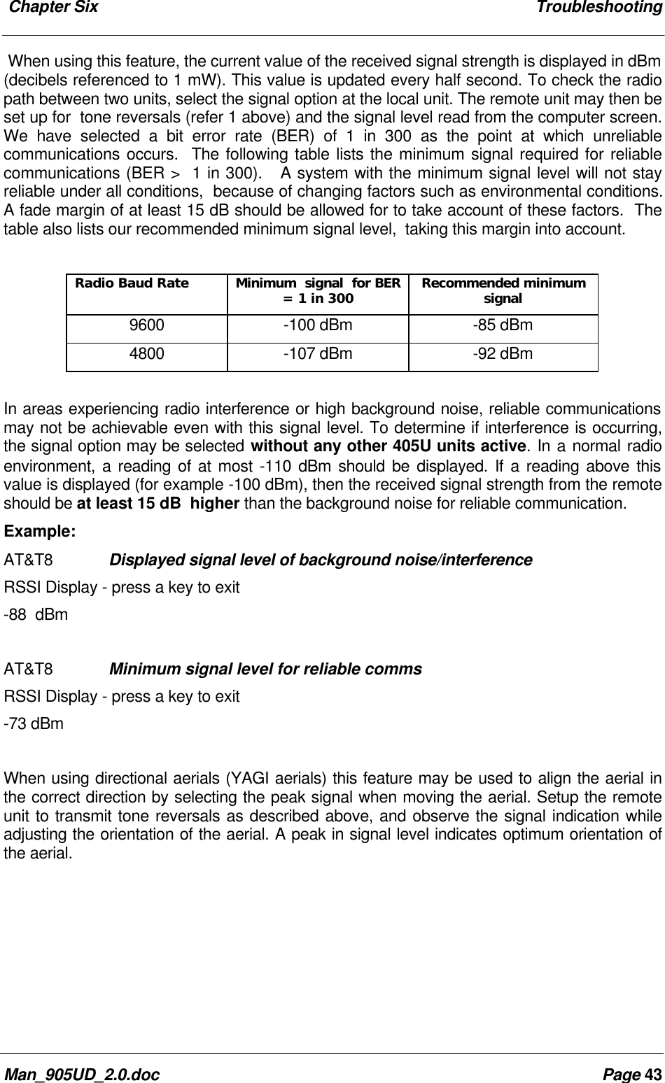  Chapter Six TroubleshootingMan_905UD_2.0.doc Page 43When using this feature, the current value of the received signal strength is displayed in dBm(decibels referenced to 1 mW). This value is updated every half second. To check the radiopath between two units, select the signal option at the local unit. The remote unit may then beset up for  tone reversals (refer 1 above) and the signal level read from the computer screen.We have selected a bit error rate (BER) of 1 in 300 as the point at which unreliablecommunications occurs.  The following table lists the minimum signal required for reliablecommunications (BER >  1 in 300).   A system with the minimum signal level will not stayreliable under all conditions,  because of changing factors such as environmental conditions.A fade margin of at least 15 dB should be allowed for to take account of these factors.  Thetable also lists our recommended minimum signal level,  taking this margin into account.Radio Baud Rate Minimum  signal  for BER= 1 in 300 Recommended minimumsignal9600 -100 dBm -85 dBm4800 -107 dBm -92 dBmIn areas experiencing radio interference or high background noise, reliable communicationsmay not be achievable even with this signal level. To determine if interference is occurring,the signal option may be selected without any other 405U units active. In a normal radioenvironment, a reading of at most -110 dBm should be displayed. If a reading above thisvalue is displayed (for example -100 dBm), then the received signal strength from the remoteshould be at least 15 dB  higher than the background noise for reliable communication.Example:AT&amp;T8 Displayed signal level of background noise/interferenceRSSI Display - press a key to exit-88  dBmAT&amp;T8 Minimum signal level for reliable commsRSSI Display - press a key to exit-73 dBmWhen using directional aerials (YAGI aerials) this feature may be used to align the aerial inthe correct direction by selecting the peak signal when moving the aerial. Setup the remoteunit to transmit tone reversals as described above, and observe the signal indication whileadjusting the orientation of the aerial. A peak in signal level indicates optimum orientation ofthe aerial.