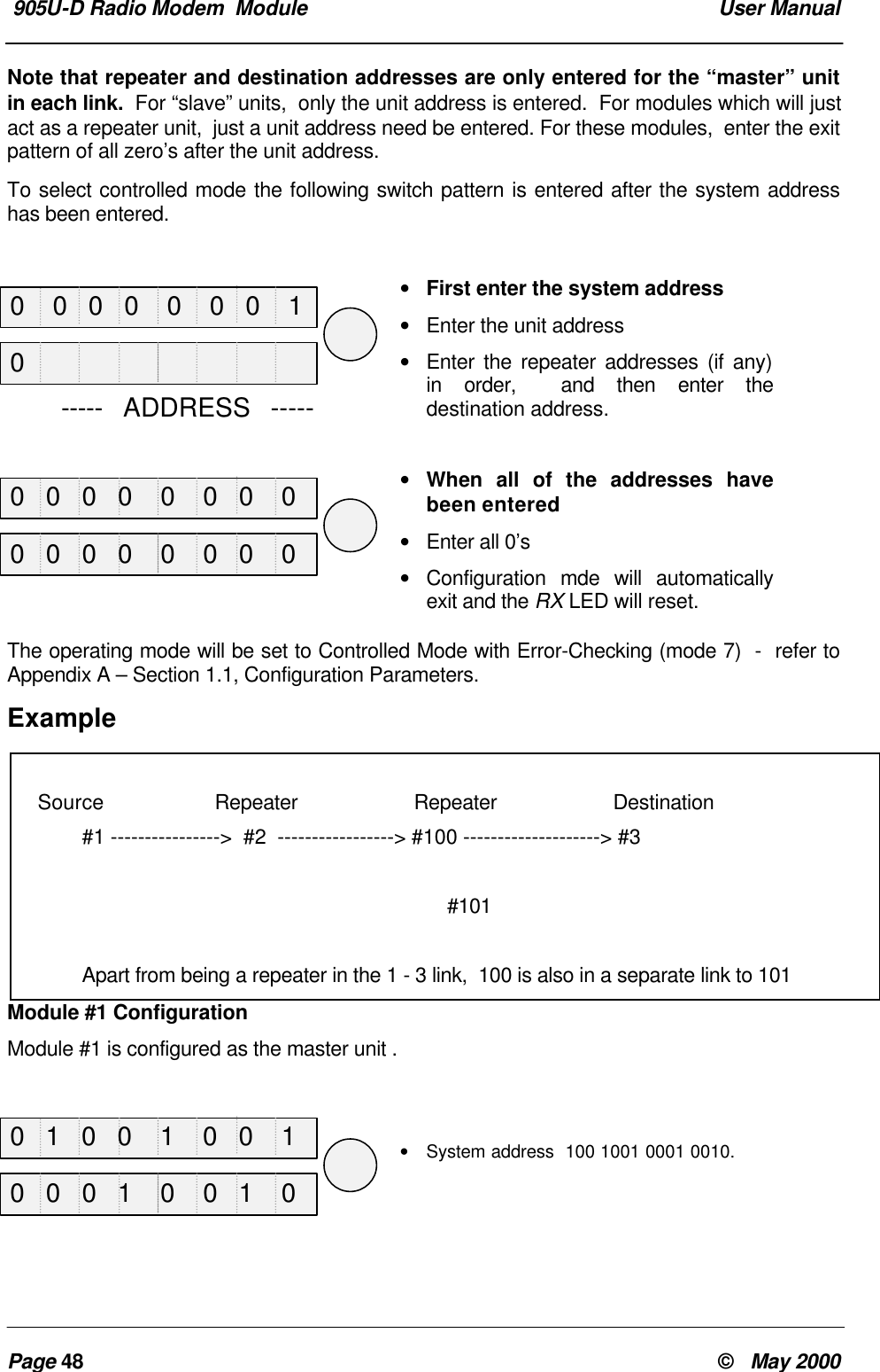  905U-D Radio Modem  Module  User ManualPage 48 &copy;   May 2000Note that repeater and destination addresses are only entered for the &ldquo;master&rdquo; unitin each link.  For &ldquo;slave&rdquo; units,  only the unit address is entered.  For modules which will justact as a repeater unit,  just a unit address need be entered. For these modules,  enter the exitpattern of all zero&rsquo;s after the unit address.To select controlled mode the following switch pattern is entered after the system addresshas been entered.&bull; First enter the system address&bull; Enter the unit address&bull; Enter the repeater addresses (if any)in order,  and then enter thedestination address.&bull; When all of the addresses havebeen entered&bull; Enter all 0&rsquo;s&bull; Configuration mde will automaticallyexit and the RX LED will reset.The operating mode will be set to Controlled Mode with Error-Checking (mode 7)  -  refer toAppendix A &ndash; Section 1.1, Configuration Parameters.ExampleModule #1 ConfigurationModule #1 is configured as the master unit .&bull; System address  100 1001 0001 0010.    Source Repeater Repeater Destination#1 ---------------->  #2  -----------------> #100 --------------------> #3                   #101Apart from being a repeater in the 1 - 3 link,  100 is also in a separate link to 101         -----  ADDRESS  -----0    0   0   0    0    0   0    10   0   0   0    0    0   0    00   1   0   0    1    0   0    100   0   0   0    0    0   0    00   0   0   1    0    0   1    0