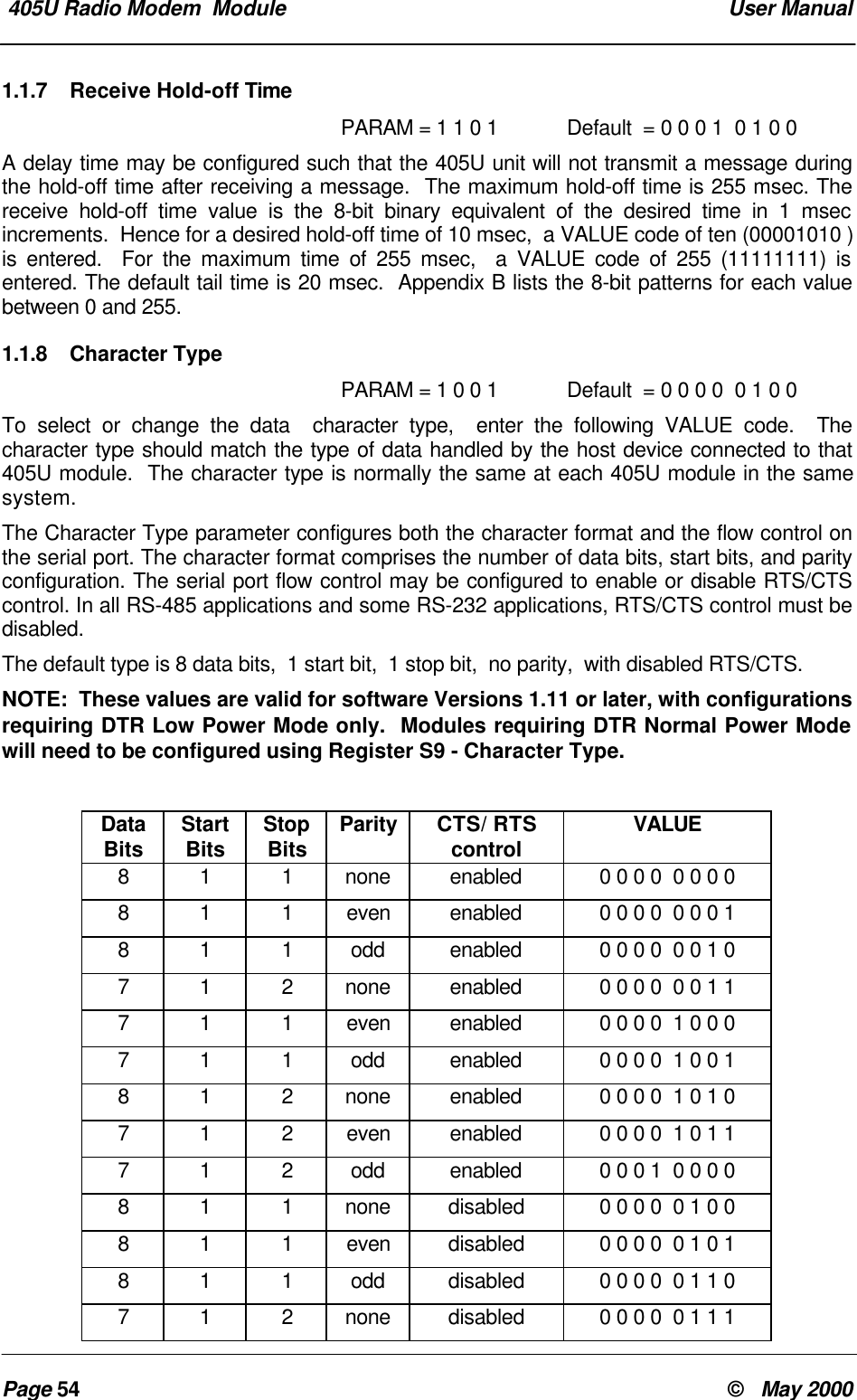  405U Radio Modem  Module  User ManualPage 54 &copy;   May 20001.1.7 Receive Hold-off TimePARAM = 1 1 0 1 Default  = 0 0 0 1  0 1 0 0A delay time may be configured such that the 405U unit will not transmit a message duringthe hold-off time after receiving a message.  The maximum hold-off time is 255 msec. Thereceive hold-off time value is the 8-bit binary equivalent of the desired time in 1 msecincrements.  Hence for a desired hold-off time of 10 msec,  a VALUE code of ten (00001010 )is entered.  For the maximum time of 255 msec,  a VALUE code of 255 (11111111) isentered. The default tail time is 20 msec.  Appendix B lists the 8-bit patterns for each valuebetween 0 and 255.1.1.8 Character TypePARAM = 1 0 0 1 Default  = 0 0 0 0  0 1 0 0To select or change the data  character type,  enter the following VALUE code.  Thecharacter type should match the type of data handled by the host device connected to that405U module.  The character type is normally the same at each 405U module in the samesystem.The Character Type parameter configures both the character format and the flow control onthe serial port. The character format comprises the number of data bits, start bits, and parityconfiguration. The serial port flow control may be configured to enable or disable RTS/CTScontrol. In all RS-485 applications and some RS-232 applications, RTS/CTS control must bedisabled.The default type is 8 data bits,  1 start bit,  1 stop bit,  no parity,  with disabled RTS/CTS.NOTE:  These values are valid for software Versions 1.11 or later, with configurationsrequiring DTR Low Power Mode only.  Modules requiring DTR Normal Power Modewill need to be configured using Register S9 - Character Type.DataBits StartBits StopBits Parity CTS/ RTScontrol VALUE8 1 1 none enabled 0 0 0 0  0 0 0 0811even enabled 0 0 0 0  0 0 0 18 1 1 odd enabled 0 0 0 0  0 0 1 07 1 2 none enabled 0 0 0 0  0 0 1 1711even enabled 0 0 0 0  1 0 0 07 1 1 odd enabled 0 0 0 0  1 0 0 18 1 2 none enabled 0 0 0 0  1 0 1 0712even enabled 0 0 0 0  1 0 1 17 1 2 odd enabled 0 0 0 1  0 0 0 08 1 1 none disabled 0 0 0 0  0 1 0 0811even disabled 0 0 0 0  0 1 0 18 1 1 odd disabled 0 0 0 0  0 1 1 07 1 2 none disabled 0 0 0 0  0 1 1 1