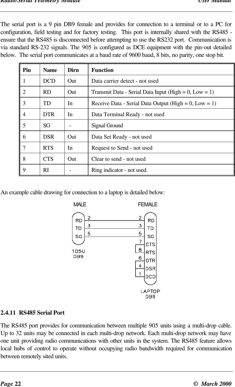 Radio/Serial Telemetry Module User ManualPage 22 © March 2000The serial port is a 9 pin DB9 female and provides for connection to a terminal or to a PC forconfiguration, field testing and for factory testing. This port is internally shared with the RS485 -ensure that the RS485 is disconnected before attempting to use the RS232 port. Communication isvia standard RS-232 signals. The 905 is configured as DCE equipment with the pin-out detailedbelow. The serial port communicates at a baud rate of 9600 baud, 8 bits, no parity, one stop bit.Pin Name Dirn Function1DCD Out Data carrier detect - not used2RD Out Transmit Data - Serial Data Input (High = 0, Low = 1)3TD In Receive Data - Serial Data Output (High = 0, Low = 1)4DTR In Data Terminal Ready - not used5SG - Signal Ground6DSR Out Data Set Ready - not used7RTS In Request to Send - not used8CTS Out Clear to send - not used9RI - Ring indicator - not used.An example cable drawing for connection to a laptop is detailed below: MALE FEMALE2.4.11 RS485 Serial PortThe RS485 port provides for communication between multiple 905 units using a multi-drop cable.Up to 32 units may be connected in each multi-drop network. Each multi-drop network may haveone unit providing radio communications with other units in the system. The RS485 feature allowslocal hubs of control to operate without occupying radio bandwidth required for communicationbetween remotely sited units.