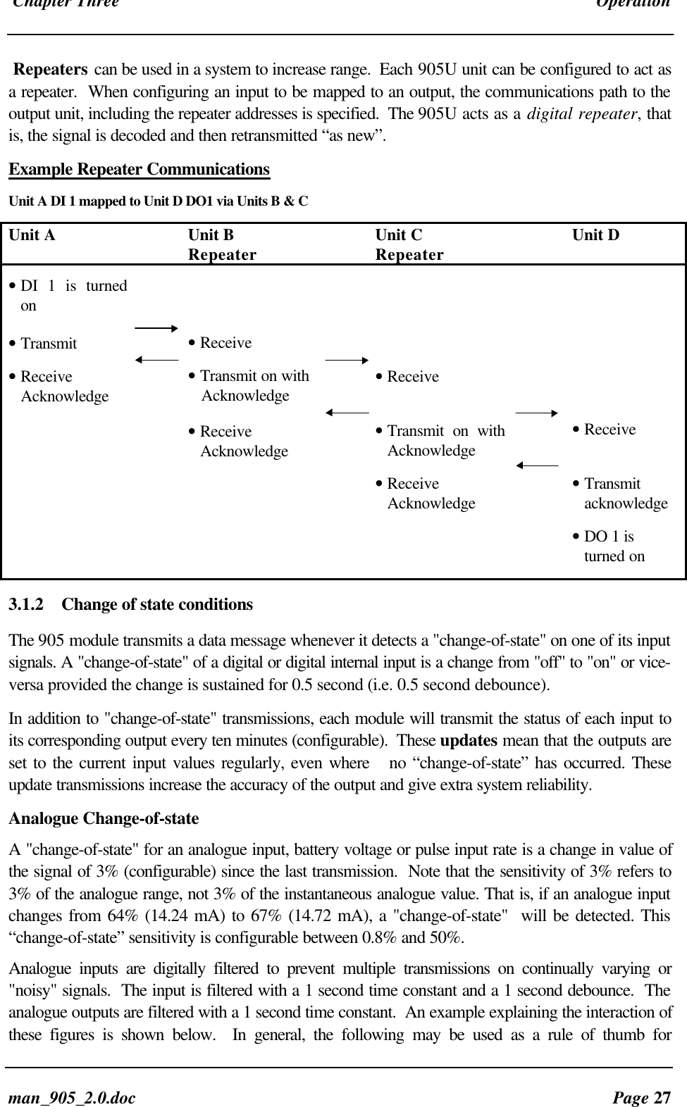 Chapter Three Operationman_905_2.0.doc Page 27Repeaters can be used in a system to increase range. Each 905U unit can be configured to act asa repeater. When configuring an input to be mapped to an output, the communications path to theoutput unit, including the repeater addresses is specified. The 905U acts as a digital repeater, thatis, the signal is decoded and then retransmitted “as new”.Example Repeater CommunicationsUnit A DI 1 mapped to Unit D DO1 via Units B & CUnit A Unit BRepeater Unit CRepeater Unit D• DI 1 is turnedon• Transmit• ReceiveAcknowledge• Receive• Transmit on with Acknowledge• ReceiveAcknowledge• Receive• Transmit on withAcknowledge• ReceiveAcknowledge• Receive• Transmitacknowledge• DO 1 isturned on3.1.2 Change of state conditionsThe 905 module transmits a data message whenever it detects a "change-of-state" on one of its inputsignals. A "change-of-state" of a digital or digital internal input is a change from "off" to "on" or vice-versa provided the change is sustained for 0.5 second (i.e. 0.5 second debounce).In addition to "change-of-state" transmissions, each module will transmit the status of each input toits corresponding output every ten minutes (configurable). These updates mean that the outputs areset to the current input values regularly, even where no “change-of-state” has occurred. Theseupdate transmissions increase the accuracy of the output and give extra system reliability.Analogue Change-of-stateA "change-of-state" for an analogue input, battery voltage or pulse input rate is a change in value ofthe signal of 3% (configurable) since the last transmission. Note that the sensitivity of 3% refers to3% of the analogue range, not 3% of the instantaneous analogue value. That is, if an analogue inputchanges from 64% (14.24 mA) to 67% (14.72 mA), a "change-of-state" will be detected. This“change-of-state” sensitivity is configurable between 0.8% and 50%.Analogue inputs are digitally filtered to prevent multiple transmissions on continually varying or"noisy" signals. The input is filtered with a 1 second time constant and a 1 second debounce. Theanalogue outputs are filtered with a 1 second time constant. An example explaining the interaction ofthese figures is shown below. In general, the following may be used as a rule of thumb for