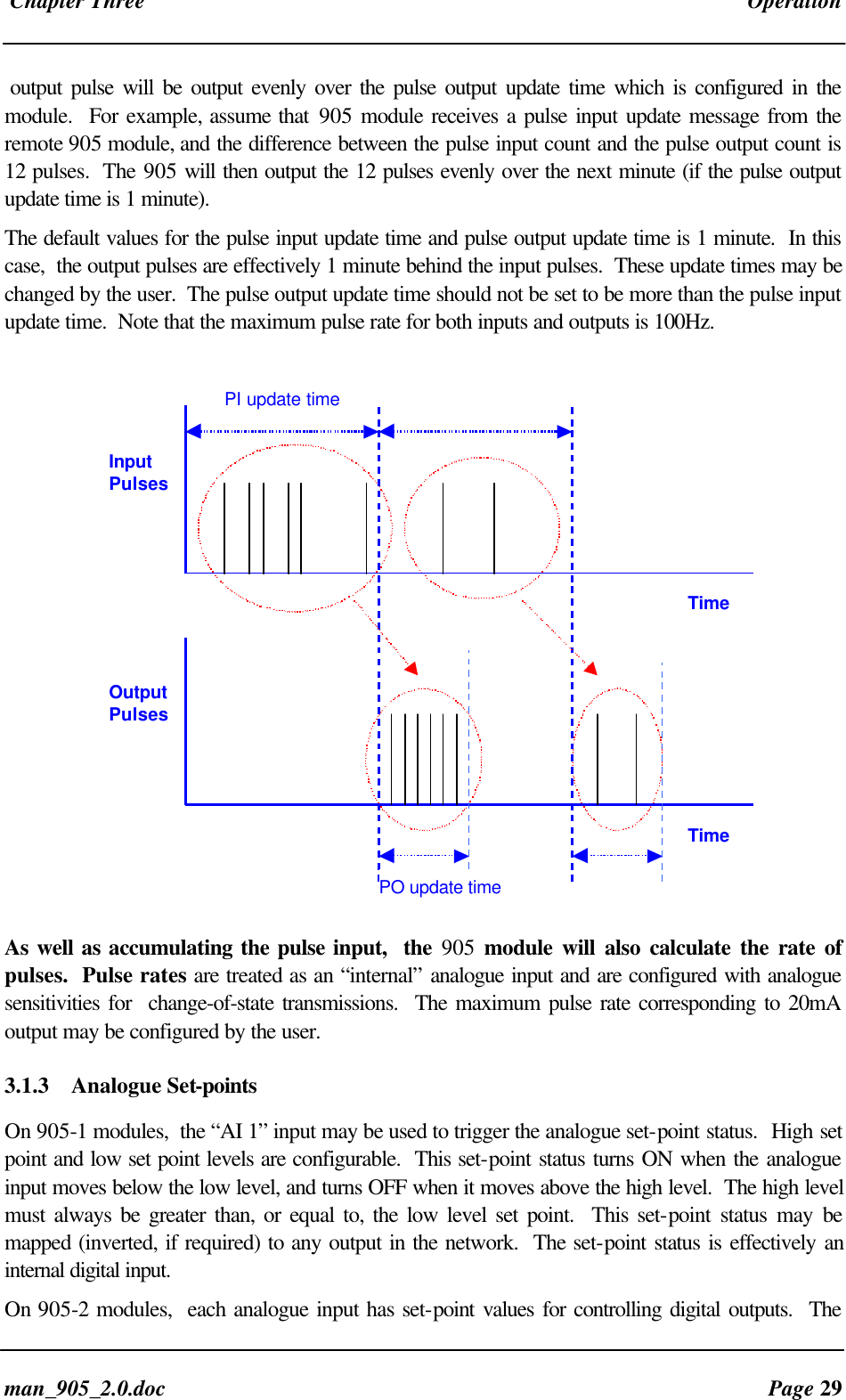 Chapter Three Operationman_905_2.0.doc Page 29output pulse will be output evenly over the pulse output update time which is configured in themodule. For example, assume that 905 module receives a pulse input update message from theremote 905 module, and the difference between the pulse input count and the pulse output count is12 pulses. The 905 will then output the 12 pulses evenly over the next minute (if the pulse outputupdate time is 1 minute).The default values for the pulse input update time and pulse output update time is 1 minute. In thiscase, the output pulses are effectively 1 minute behind the input pulses. These update times may bechanged by the user. The pulse output update time should not be set to be more than the pulse inputupdate time. Note that the maximum pulse rate for both inputs and outputs is 100Hz.InputPulsesTimeOutputPulsesPI update timePO update timeTimeAs well as accumulating the pulse input, the 905 module will also calculate the rate ofpulses. Pulse rates are treated as an “internal” analogue input and are configured with analoguesensitivities for change-of-state transmissions. The maximum pulse rate corresponding to 20mAoutput may be configured by the user.3.1.3 Analogue Set-pointsOn 905-1 modules, the “AI 1” input may be used to trigger the analogue set-point status. High setpoint and low set point levels are configurable. This set-point status turns ON when the analogueinput moves below the low level, and turns OFF when it moves above the high level. The high levelmust always be greater than, or equal to, the low level set point. This set-point status may bemapped (inverted, if required) to any output in the network. The set-point status is effectively aninternal digital input.On 905-2 modules, each analogue input has set-point values for controlling digital outputs. The