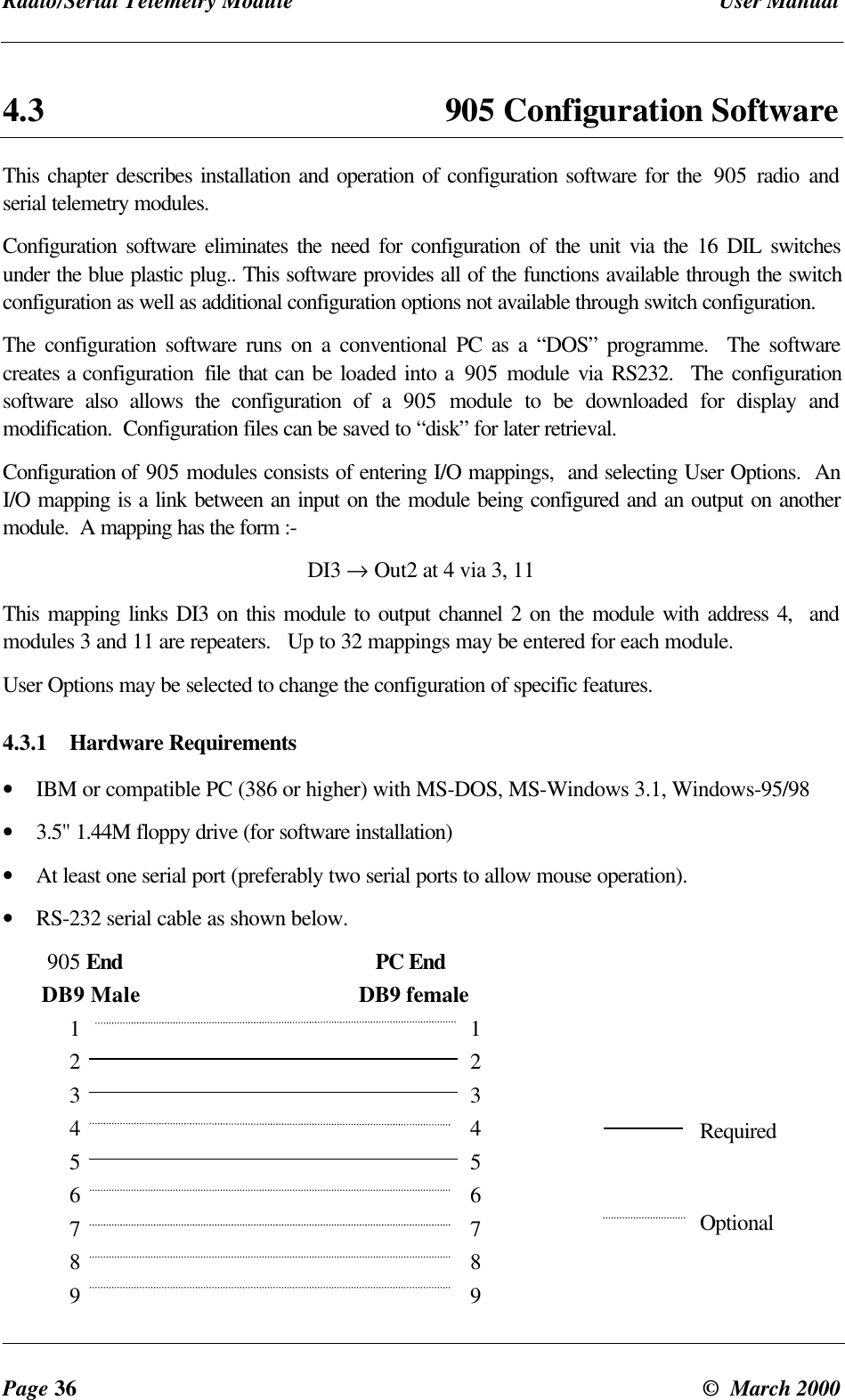 Radio/Serial Telemetry Module User ManualPage 36 © March 20004.3 905 Configuration SoftwareThis chapter describes installation and operation of configuration software for the 905 radio andserial telemetry modules.Configuration software eliminates the need for configuration of the unit via the 16 DIL switchesunder the blue plastic plug.. This software provides all of the functions available through the switchconfiguration as well as additional configuration options not available through switch configuration.The configuration software runs on a conventional PC as a “DOS” programme. The softwarecreates a configuration file that can be loaded into a 905 module via RS232. The configurationsoftware also allows the configuration of a 905 module to be downloaded for display andmodification. Configuration files can be saved to “disk” for later retrieval.Configuration of 905 modules consists of entering I/O mappings, and selecting User Options. AnI/O mapping is a link between an input on the module being configured and an output on anothermodule. A mapping has the form :-DI3 → Out2 at 4 via 3, 11This mapping links DI3 on this module to output channel 2 on the module with address 4, andmodules 3 and 11 are repeaters. Up to 32 mappings may be entered for each module.User Options may be selected to change the configuration of specific features.4.3.1 Hardware Requirements• IBM or compatible PC (386 or higher) with MS-DOS, MS-Windows 3.1, Windows-95/98• 3.5" 1.44M floppy drive (for software installation)• At least one serial port (preferably two serial ports to allow mouse operation).• RS-232 serial cable as shown below. 905 End PC End DB9 Male DB9 female1 12 23 34 45 56 67 78 89 9RequiredOptional