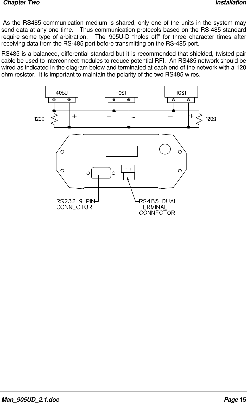 Chapter Two InstallationMan_905UD_2.1.doc Page 15As the RS485 communication medium is shared, only one of the units in the system maysend data at any one time. Thus communication protocols based on the RS-485 standardrequire some type of arbitration. The 905U-D “holds off” for three character times afterreceiving data from the RS-485 port before transmitting on the RS-485 port.RS485 is a balanced, differential standard but it is recommended that shielded, twisted paircable be used to interconnect modules to reduce potential RFI. An RS485 network should bewired as indicated in the diagram below and terminated at each end of the network with a 120ohm resistor. It is important to maintain the polarity of the two RS485 wires. - +