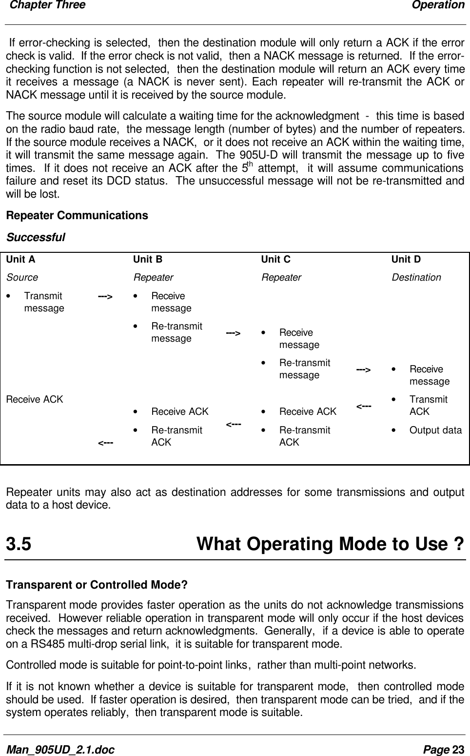 Chapter Three OperationMan_905UD_2.1.doc Page 23If error-checking is selected, then the destination module will only return a ACK if the errorcheck is valid. If the error check is not valid, then a NACK message is returned. If the error-checking function is not selected, then the destination module will return an ACK every timeit receives a message (a NACK is never sent). Each repeater will re-transmit the ACK orNACK message until it is received by the source module.The source module will calculate a waiting time for the acknowledgment - this time is basedon the radio baud rate, the message length (number of bytes) and the number of repeaters.If the source module receives a NACK, or it does not receive an ACK within the waiting time,it will transmit the same message again. The 905U-D will transmit the message up to fivetimes. If it does not receive an ACK after the 5th attempt, it will assume communicationsfailure and reset its DCD status. The unsuccessful message will not be re-transmitted andwill be lost.Repeater CommunicationsSuccessfulUnit ASource• TransmitmessageReceive ACK---><---Unit BRepeater• Receivemessage• Re-transmitmessage• Receive ACK• Re-transmitACK---><---Unit CRepeater• Receivemessage• Re-transmitmessage• Receive ACK• Re-transmitACK---><---Unit DDestination• Receivemessage• TransmitACK• Output dataRepeater units may also act as destination addresses for some transmissions and outputdata to a host device.3.5 What Operating Mode to Use ?Transparent or Controlled Mode?Transparent mode provides faster operation as the units do not acknowledge transmissionsreceived. However reliable operation in transparent mode will only occur if the host devicescheck the messages and return acknowledgments. Generally, if a device is able to operateon a RS485 multi-drop serial link, it is suitable for transparent mode.Controlled mode is suitable for point-to-point links, rather than multi-point networks.If it is not known whether a device is suitable for transparent mode, then controlled modeshould be used. If faster operation is desired, then transparent mode can be tried, and if thesystem operates reliably, then transparent mode is suitable.
