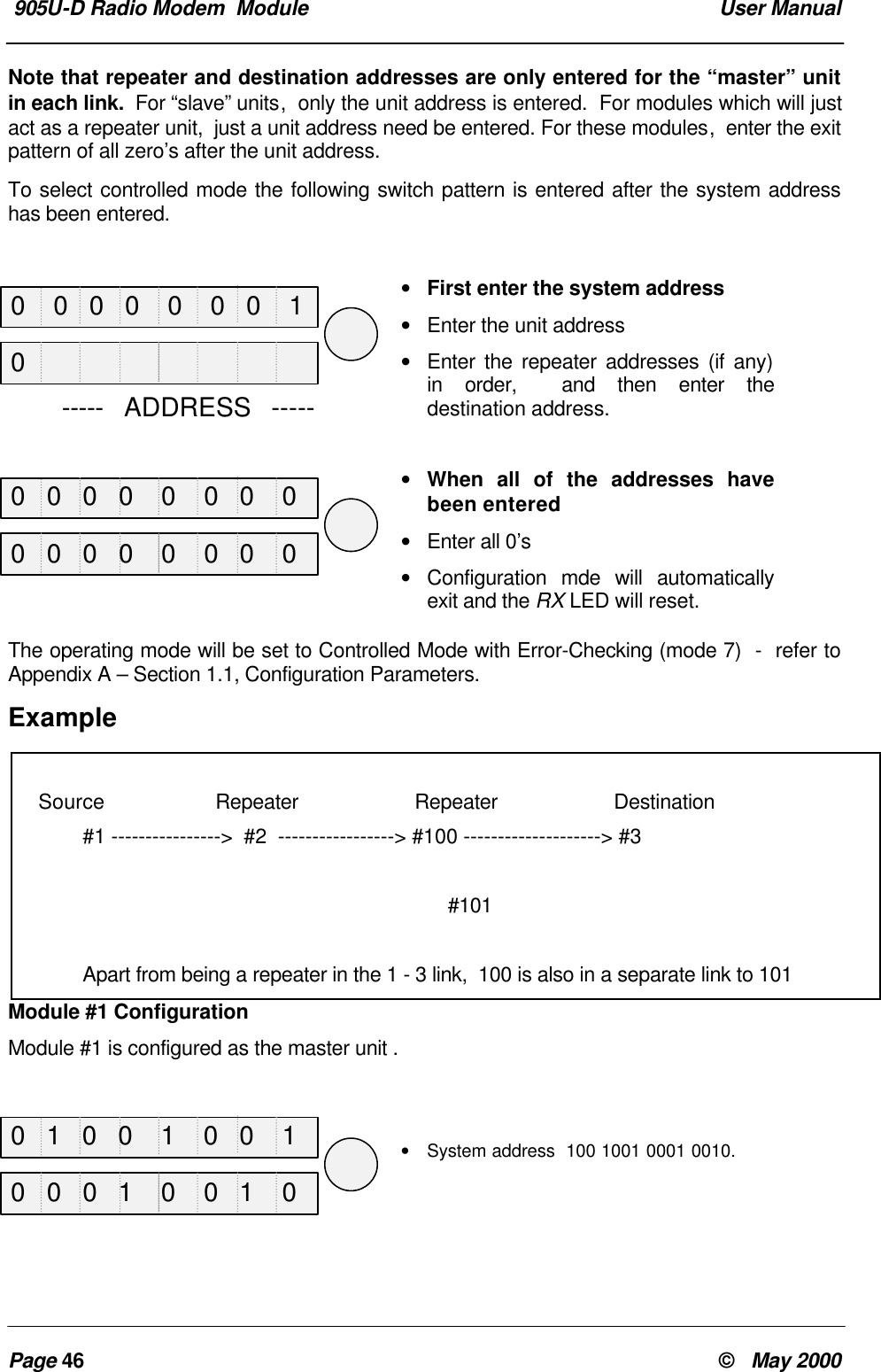 905U-D Radio Modem Module User ManualPage 46 © May 2000Note that repeater and destination addresses are only entered for the “master” unitin each link. For “slave” units, only the unit address is entered. For modules which will justact as a repeater unit, just a unit address need be entered. For these modules, enter the exitpattern of all zero’s after the unit address.To select controlled mode the following switch pattern is entered after the system addresshas been entered.• First enter the system address• Enter the unit address• Enter the repeater addresses (if any)in order, and then enter thedestination address.• When all of the addresses havebeen entered• Enter all 0’s• Configuration mde will automaticallyexit and the RX LED will reset.The operating mode will be set to Controlled Mode with Error-Checking (mode 7) - refer toAppendix A – Section 1.1, Configuration Parameters.ExampleModule #1 ConfigurationModule #1 is configured as the master unit .• System address 100 1001 0001 0010. Source Repeater Repeater Destination#1 ----------------> #2 -----------------> #100 --------------------> #3 #101Apart from being a repeater in the 1 - 3 link, 100 is also in a separate link to 101 ----- ADDRESS -----0 0 0 0 0 0 0 10 0 0 0 0 0 0 00 1 0 0 1 0 0 100 0 0 0 0 0 0 00 0 0 1 0 0 1 0