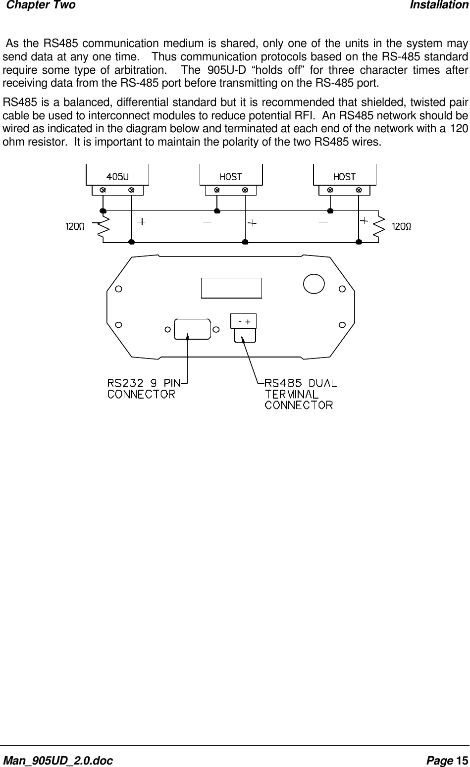 Chapter Two InstallationMan_905UD_2.0.doc Page 15As the RS485 communication medium is shared, only one of the units in the system maysend data at any one time. Thus communication protocols based on the RS-485 standardrequire some type of arbitration. The 905U-D “holds off” for three character times afterreceiving data from the RS-485 port before transmitting on the RS-485 port.RS485 is a balanced, differential standard but it is recommended that shielded, twisted paircable be used to interconnect modules to reduce potential RFI. An RS485 network should bewired as indicated in the diagram below and terminated at each end of the network with a 120ohm resistor. It is important to maintain the polarity of the two RS485 wires. - +