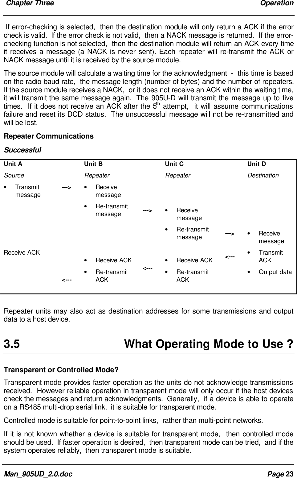 Chapter Three OperationMan_905UD_2.0.doc Page 23If error-checking is selected, then the destination module will only return a ACK if the errorcheck is valid. If the error check is not valid, then a NACK message is returned. If the error-checking function is not selected, then the destination module will return an ACK every timeit receives a message (a NACK is never sent). Each repeater will re-transmit the ACK orNACK message until it is received by the source module.The source module will calculate a waiting time for the acknowledgment - this time is basedon the radio baud rate, the message length (number of bytes) and the number of repeaters.If the source module receives a NACK, or it does not receive an ACK within the waiting time,it will transmit the same message again. The 905U-D will transmit the message up to fivetimes. If it does not receive an ACK after the 5th attempt, it will assume communicationsfailure and reset its DCD status. The unsuccessful message will not be re-transmitted andwill be lost.Repeater CommunicationsSuccessfulUnit ASource• TransmitmessageReceive ACK---><---Unit BRepeater• Receivemessage• Re-transmitmessage• Receive ACK• Re-transmitACK---><---Unit CRepeater• Receivemessage• Re-transmitmessage• Receive ACK• Re-transmitACK---><---Unit DDestination• Receivemessage• TransmitACK• Output dataRepeater units may also act as destination addresses for some transmissions and outputdata to a host device.3.5 What Operating Mode to Use ?Transparent or Controlled Mode?Transparent mode provides faster operation as the units do not acknowledge transmissionsreceived. However reliable operation in transparent mode will only occur if the host devicescheck the messages and return acknowledgments. Generally, if a device is able to operateon a RS485 multi-drop serial link, it is suitable for transparent mode.Controlled mode is suitable for point-to-point links, rather than multi-point networks.If it is not known whether a device is suitable for transparent mode, then controlled modeshould be used. If faster operation is desired, then transparent mode can be tried, and if thesystem operates reliably, then transparent mode is suitable.