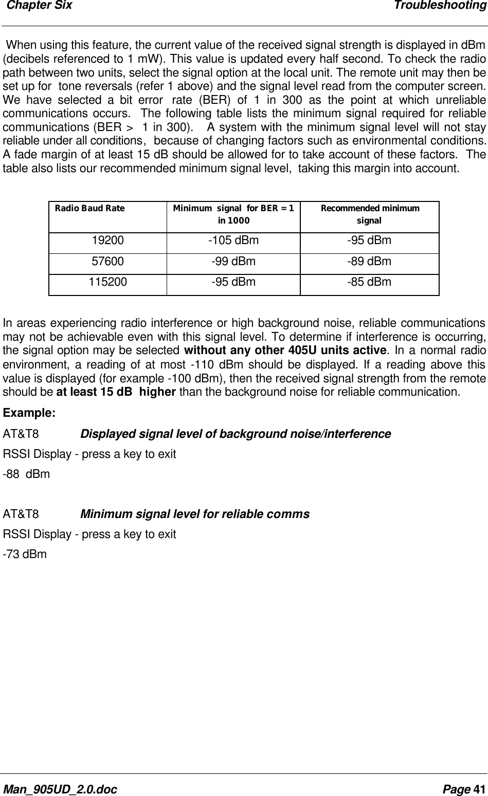 Chapter Six TroubleshootingMan_905UD_2.0.doc Page 41When using this feature, the current value of the received signal strength is displayed in dBm(decibels referenced to 1 mW). This value is updated every half second. To check the radiopath between two units, select the signal option at the local unit. The remote unit may then beset up for tone reversals (refer 1 above) and the signal level read from the computer screen.We have selected a bit error rate (BER) of 1 in 300 as the point at which unreliablecommunications occurs. The following table lists the minimum signal required for reliablecommunications (BER > 1 in 300). A system with the minimum signal level will not stayreliable under all conditions, because of changing factors such as environmental conditions.A fade margin of at least 15 dB should be allowed for to take account of these factors. Thetable also lists our recommended minimum signal level, taking this margin into account.Radio Baud Rate Minimum signal for BER = 1in 1000 Recommended minimumsignal19200 -105 dBm -95 dBm57600 -99 dBm -89 dBm115200 -95 dBm -85 dBmIn areas experiencing radio interference or high background noise, reliable communicationsmay not be achievable even with this signal level. To determine if interference is occurring,the signal option may be selected without any other 405U units active. In a normal radioenvironment, a reading of at most -110 dBm should be displayed. If a reading above thisvalue is displayed (for example -100 dBm), then the received signal strength from the remoteshould be at least 15 dB higher than the background noise for reliable communication.Example:AT&T8 Displayed signal level of background noise/interferenceRSSI Display - press a key to exit-88 dBmAT&T8 Minimum signal level for reliable commsRSSI Display - press a key to exit-73 dBm