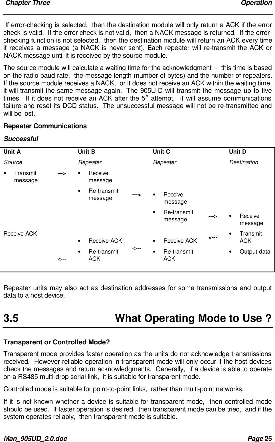 Chapter Three OperationMan_905UD_2.0.doc Page 25If error-checking is selected, then the destination module will only return a ACK if the errorcheck is valid. If the error check is not valid, then a NACK message is returned. If the error-checking function is not selected, then the destination module will return an ACK every timeit receives a message (a NACK is never sent). Each repeater will re-transmit the ACK orNACK message until it is received by the source module.The source module will calculate a waiting time for the acknowledgment - this time is basedon the radio baud rate, the message length (number of bytes) and the number of repeaters.If the source module receives a NACK, or it does not receive an ACK within the waiting time,it will transmit the same message again. The 905U-D will transmit the message up to fivetimes. If it does not receive an ACK after the 5th attempt, it will assume communicationsfailure and reset its DCD status. The unsuccessful message will not be re-transmitted andwill be lost.Repeater CommunicationsSuccessfulUnit ASource• TransmitmessageReceive ACK---><---Unit BRepeater• Receivemessage• Re-transmitmessage• Receive ACK• Re-transmitACK---><---Unit CRepeater• Receivemessage• Re-transmitmessage• Receive ACK• Re-transmitACK---><---Unit DDestination• Receivemessage• TransmitACK• Output dataRepeater units may also act as destination addresses for some transmissions and outputdata to a host device.3.5 What Operating Mode to Use ?Transparent or Controlled Mode?Transparent mode provides faster operation as the units do not acknowledge transmissionsreceived. However reliable operation in transparent mode will only occur if the host devicescheck the messages and return acknowledgments. Generally, if a device is able to operateon a RS485 multi-drop serial link, it is suitable for transparent mode.Controlled mode is suitable for point-to-point links, rather than multi-point networks.If it is not known whether a device is suitable for transparent mode, then controlled modeshould be used. If faster operation is desired, then transparent mode can be tried, and if thesystem operates reliably, then transparent mode is suitable.