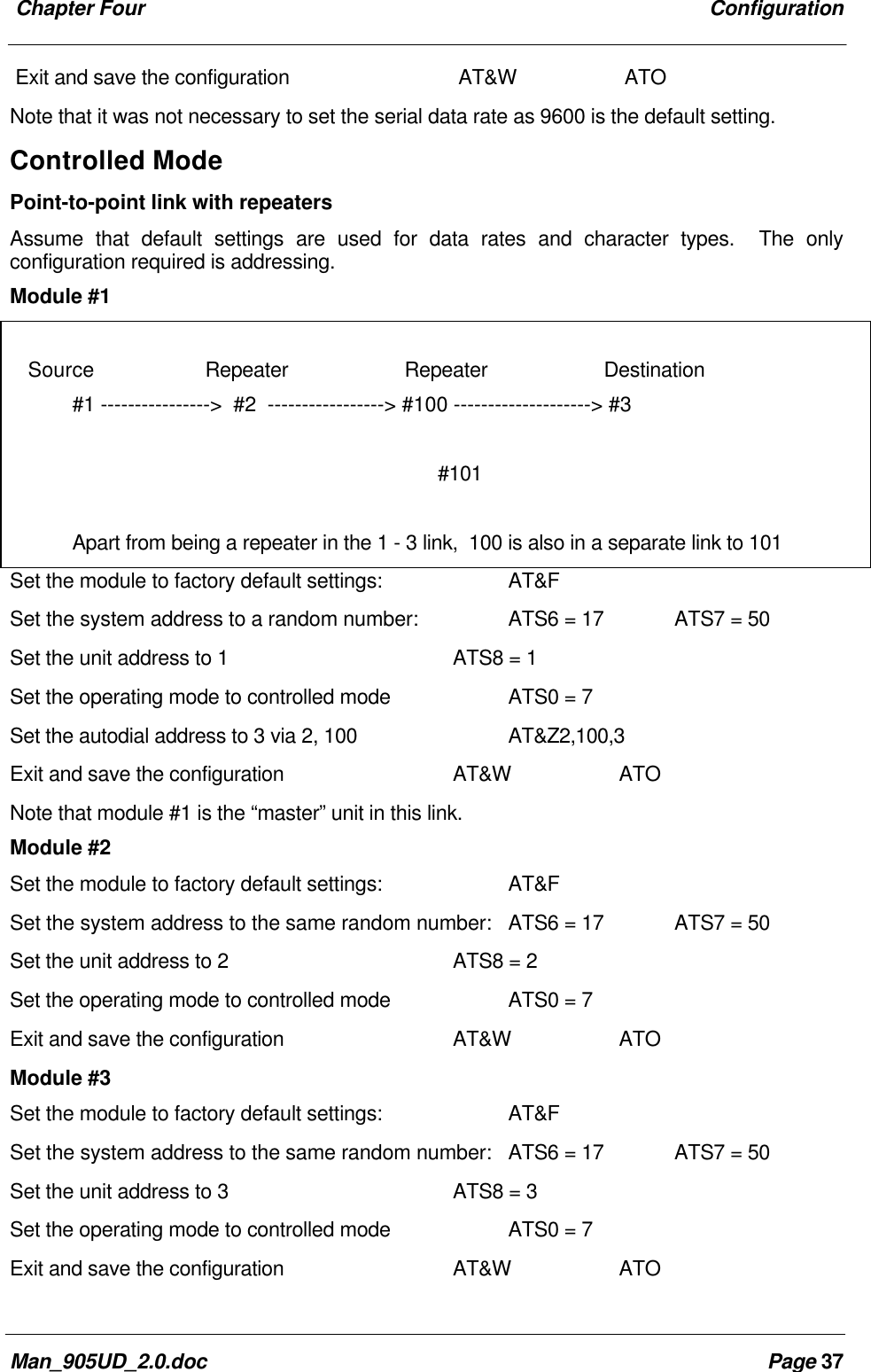 Chapter Four ConfigurationMan_905UD_2.0.doc Page 37Exit and save the configuration AT&W ATONote that it was not necessary to set the serial data rate as 9600 is the default setting.Controlled ModePoint-to-point link with repeatersAssume that default settings are used for data rates and character types. The onlyconfiguration required is addressing.Module #1Set the module to factory default settings: AT&FSet the system address to a random number: ATS6 = 17 ATS7 = 50Set the unit address to 1 ATS8 = 1Set the operating mode to controlled mode ATS0 = 7Set the autodial address to 3 via 2, 100 AT&Z2,100,3Exit and save the configuration AT&W ATONote that module #1 is the “master” unit in this link.Module #2Set the module to factory default settings: AT&FSet the system address to the same random number: ATS6 = 17 ATS7 = 50Set the unit address to 2 ATS8 = 2Set the operating mode to controlled mode ATS0 = 7Exit and save the configuration AT&W ATOModule #3Set the module to factory default settings: AT&FSet the system address to the same random number: ATS6 = 17 ATS7 = 50Set the unit address to 3 ATS8 = 3Set the operating mode to controlled mode ATS0 = 7Exit and save the configuration AT&W ATO Source Repeater Repeater Destination#1 ----------------> #2 -----------------> #100 --------------------> #3 #101Apart from being a repeater in the 1 - 3 link, 100 is also in a separate link to 101