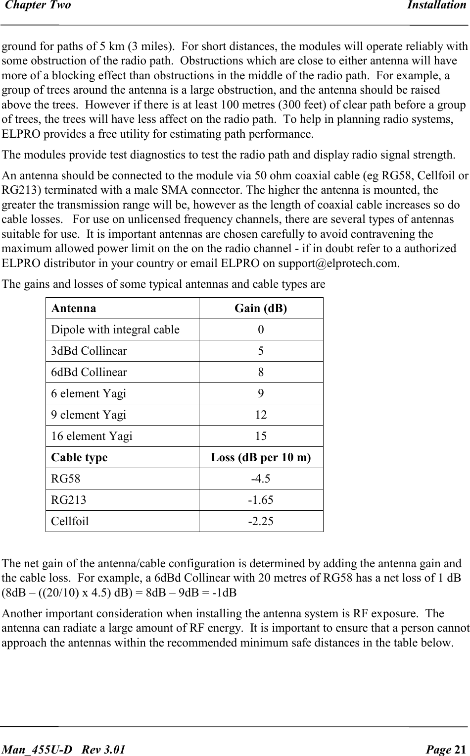  Chapter Two  Installation   Man_455U-D   Rev 3.01  Page 21     ground for paths of 5 km (3 miles).  For short distances, the modules will operate reliably with some obstruction of the radio path.  Obstructions which are close to either antenna will have more of a blocking effect than obstructions in the middle of the radio path.  For example, a group of trees around the antenna is a large obstruction, and the antenna should be raised above the trees.  However if there is at least 100 metres (300 feet) of clear path before a group of trees, the trees will have less affect on the radio path.  To help in planning radio systems, ELPRO provides a free utility for estimating path performance. The modules provide test diagnostics to test the radio path and display radio signal strength. An antenna should be connected to the module via 50 ohm coaxial cable (eg RG58, Cellfoil or RG213) terminated with a male SMA connector. The higher the antenna is mounted, the greater the transmission range will be, however as the length of coaxial cable increases so do cable losses.   For use on unlicensed frequency channels, there are several types of antennas suitable for use.  It is important antennas are chosen carefully to avoid contravening the maximum allowed power limit on the on the radio channel - if in doubt refer to a authorized ELPRO distributor in your country or email ELPRO on support@elprotech.com. The gains and losses of some typical antennas and cable types are Antenna  Gain (dB) Dipole with integral cable  0 3dBd Collinear  5 6dBd Collinear  8 6 element Yagi  9 9 element Yagi  12 16 element Yagi  15 Cable type  Loss (dB per 10 m) RG58  -4.5 RG213  -1.65 Cellfoil  -2.25    The net gain of the antenna/cable configuration is determined by adding the antenna gain and the cable loss.  For example, a 6dBd Collinear with 20 metres of RG58 has a net loss of 1 dB (8dB &ndash; ((20/10) x 4.5) dB) = 8dB &ndash; 9dB = -1dB Another important consideration when installing the antenna system is RF exposure.  The antenna can radiate a large amount of RF energy.  It is important to ensure that a person cannot approach the antennas within the recommended minimum safe distances in the table below.   