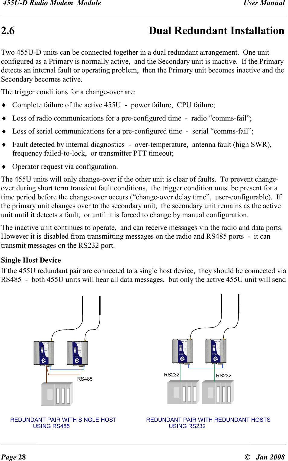  455U-D Radio Modem  Module   User Manual   Page 28  &copy;   Jan 2008 2.6  Dual Redundant Installation Two 455U-D units can be connected together in a dual redundant arrangement.  One unit configured as a Primary is normally active,  and the Secondary unit is inactive.  If the Primary detects an internal fault or operating problem,  then the Primary unit becomes inactive and the Secondary becomes active. The trigger conditions for a change-over are: &diams; Complete failure of the active 455U  -  power failure,  CPU failure; &diams; Loss of radio communications for a pre-configured time  -  radio &ldquo;comms-fail&rdquo;;  &diams; Loss of serial communications for a pre-configured time  -  serial &ldquo;comms-fail&rdquo;; &diams; Fault detected by internal diagnostics  -  over-temperature,  antenna fault (high SWR),  frequency failed-to-lock,  or transmitter PTT timeout; &diams; Operator request via configuration. The 455U units will only change-over if the other unit is clear of faults.  To prevent change-over during short term transient fault conditions,  the trigger condition must be present for a time period before the change-over occurs (&ldquo;change-over delay time&rdquo;,  user-configurable).  If the primary unit changes over to the secondary unit,  the secondary unit remains as the active unit until it detects a fault,  or until it is forced to change by manual configuration. The inactive unit continues to operate,  and can receive messages via the radio and data ports.  However it is disabled from transmitting messages on the radio and RS485 ports  -  it can transmit messages on the RS232 port. Single Host Device If the 455U redundant pair are connected to a single host device,  they should be connected via RS485  -  both 455U units will hear all data messages,  but only the active 455U unit will send RS232 RS232 RS485 REDUNDANT PAIR WITH SINGLE HOST    REDUNDANT PAIR WITH REDUNDANT HOSTS USING RS485          USING RS232 